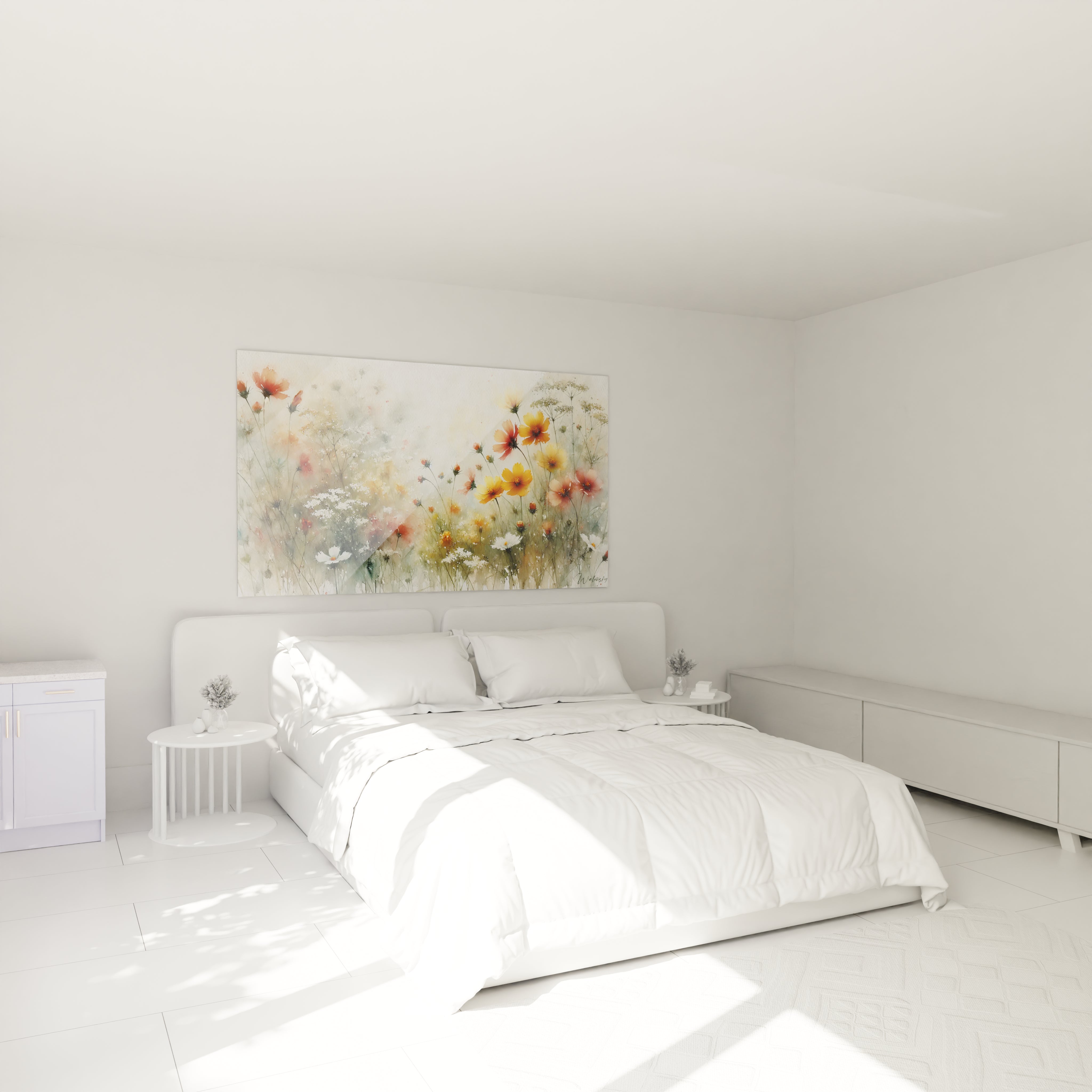 Tableau Fleur au-dessus du lit dans une chambre, ajoute une touche de douceur et de tranquilite. L'oeuvre enchante avec ses tons harmonieux et evoque l'evasion dans un champ fleuri paisible.