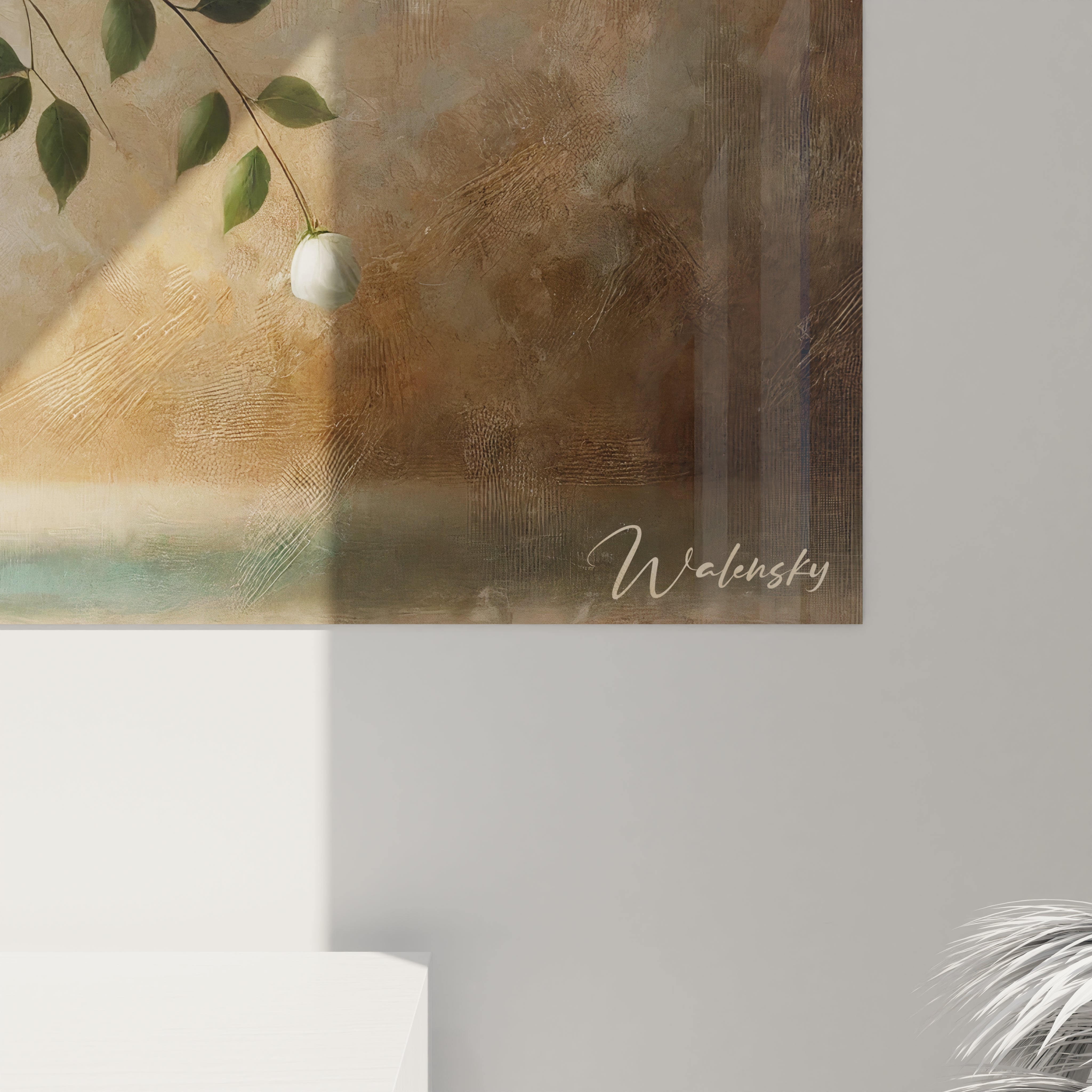 Vue de près du Tableau Fleur révélant les détails des pétales blancs et des feuilles vertes. Ce tableau met en valeur la délicatesse et l’équilibre des couleurs pour une touche de douceur.