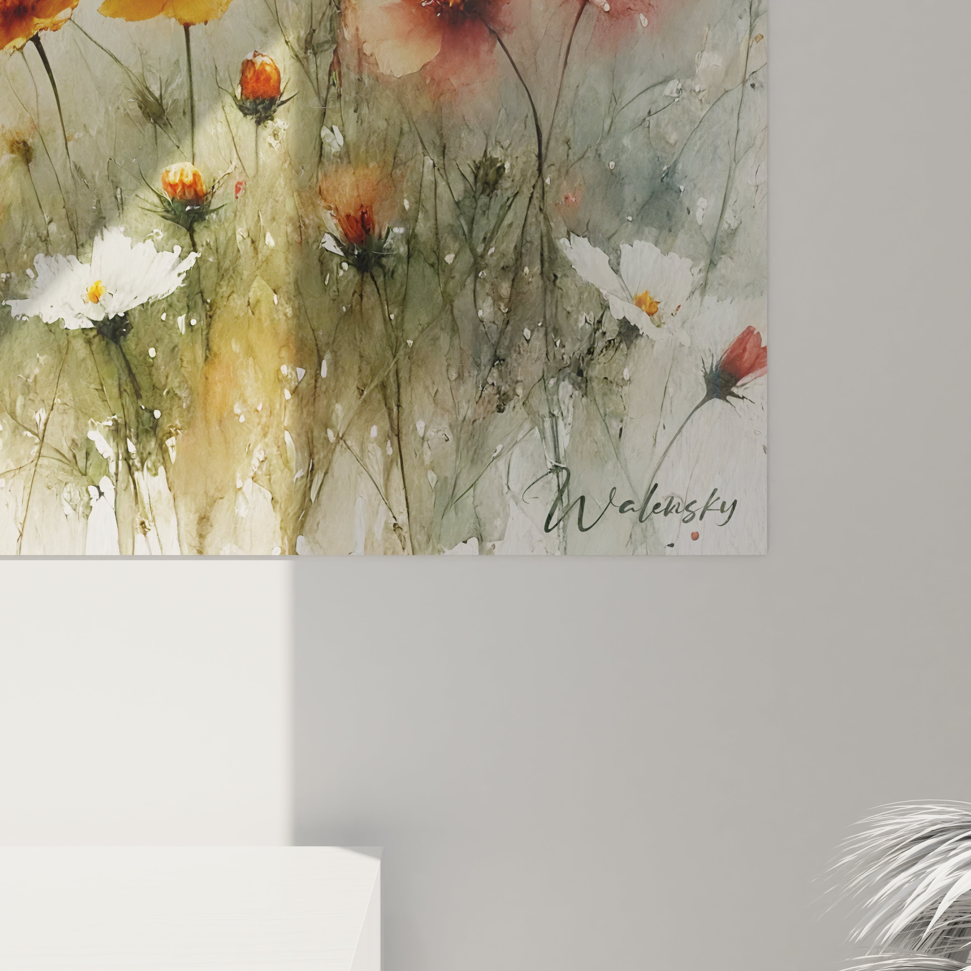 Vue rapprochee du Tableau Fleur, revele chaque detail de cette composition etheree. L'artiste capture le mouvement des fleurs, offrant un instant suspendu empreint de poesie et de serenite.