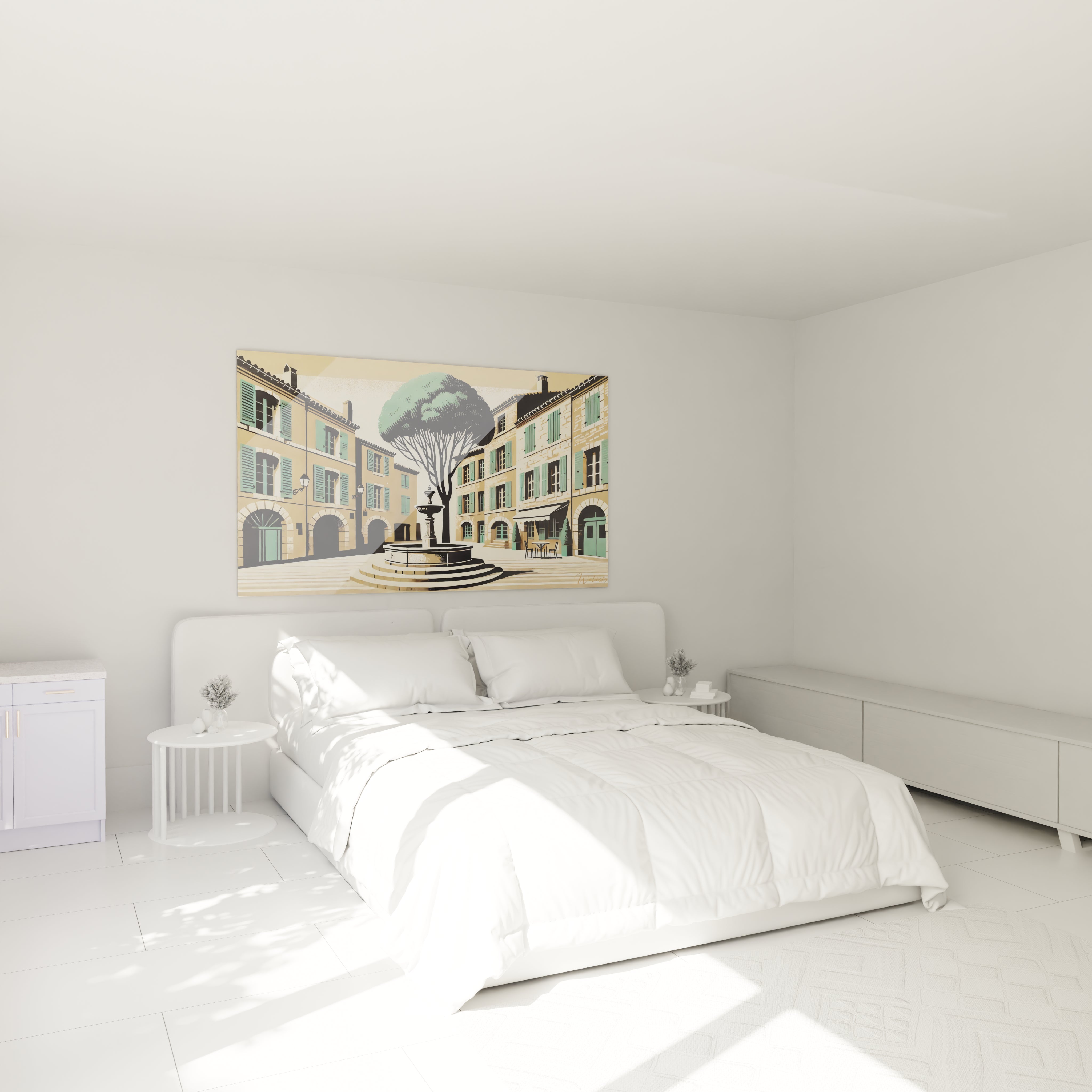 tableau france capture une scene provençale avec volets verts et architecture en pierre instaurant serenite et charme rustique parfait au-dessus du lit pour une ambiance apaisante