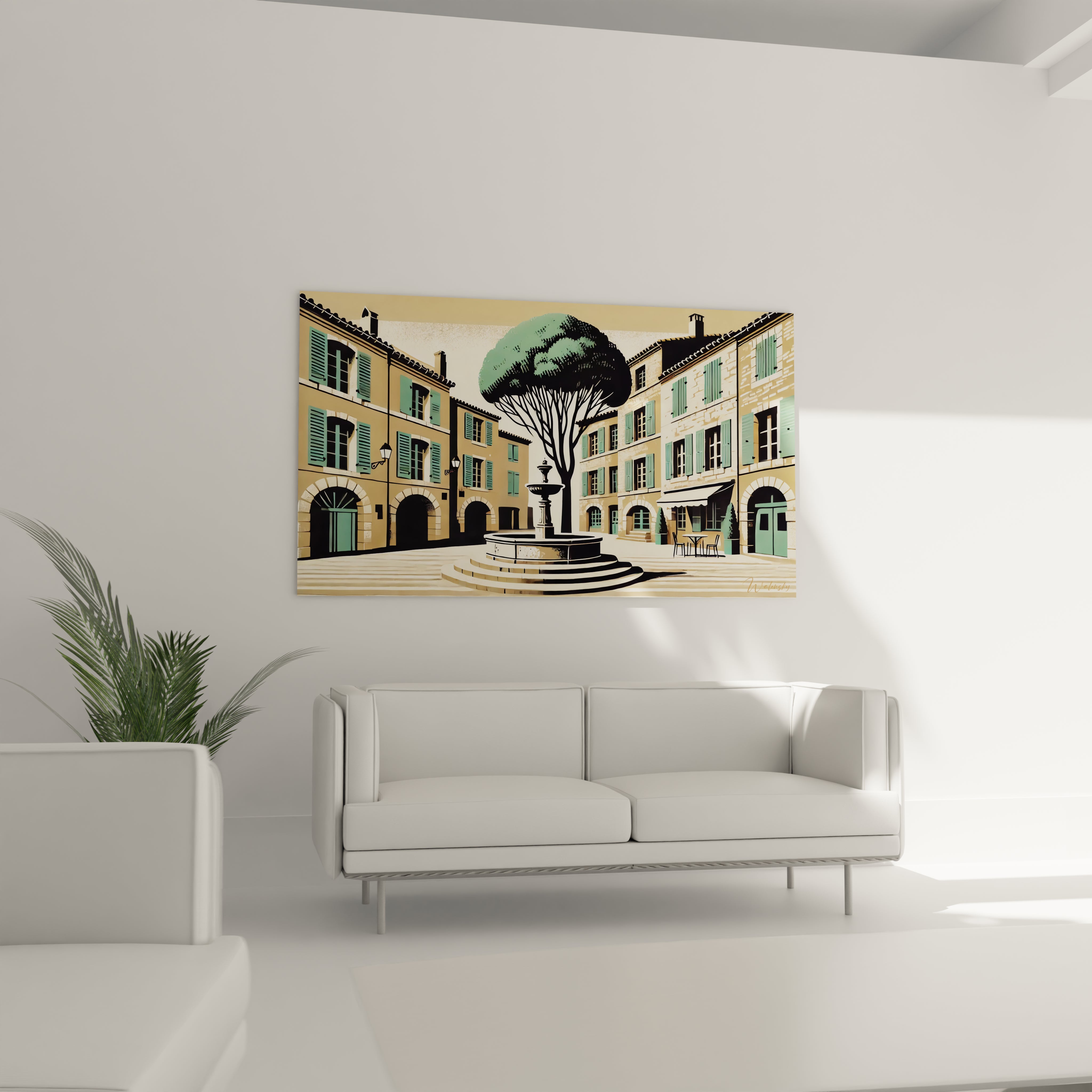 tableau france presente une place francaise baignee de lumiere avec arbres imposants et fontaine centrale apportant chaleur et elegance au salon au-dessus d’un canape moderne