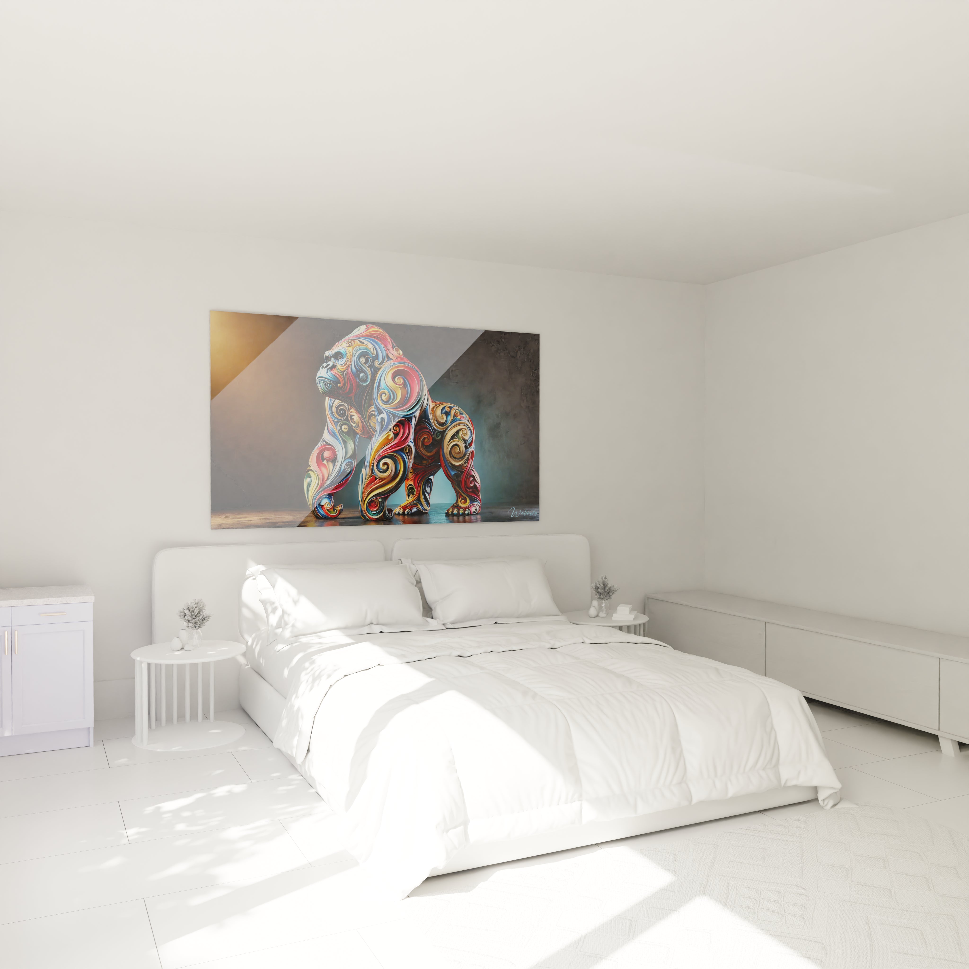 Accroché au-dessus du lit, ce tableau gorille apporte une touche de couleur et de vitalité. Son style abstrait et ses teintes éclatantes créent une ambiance chaleureuse et dynamique.