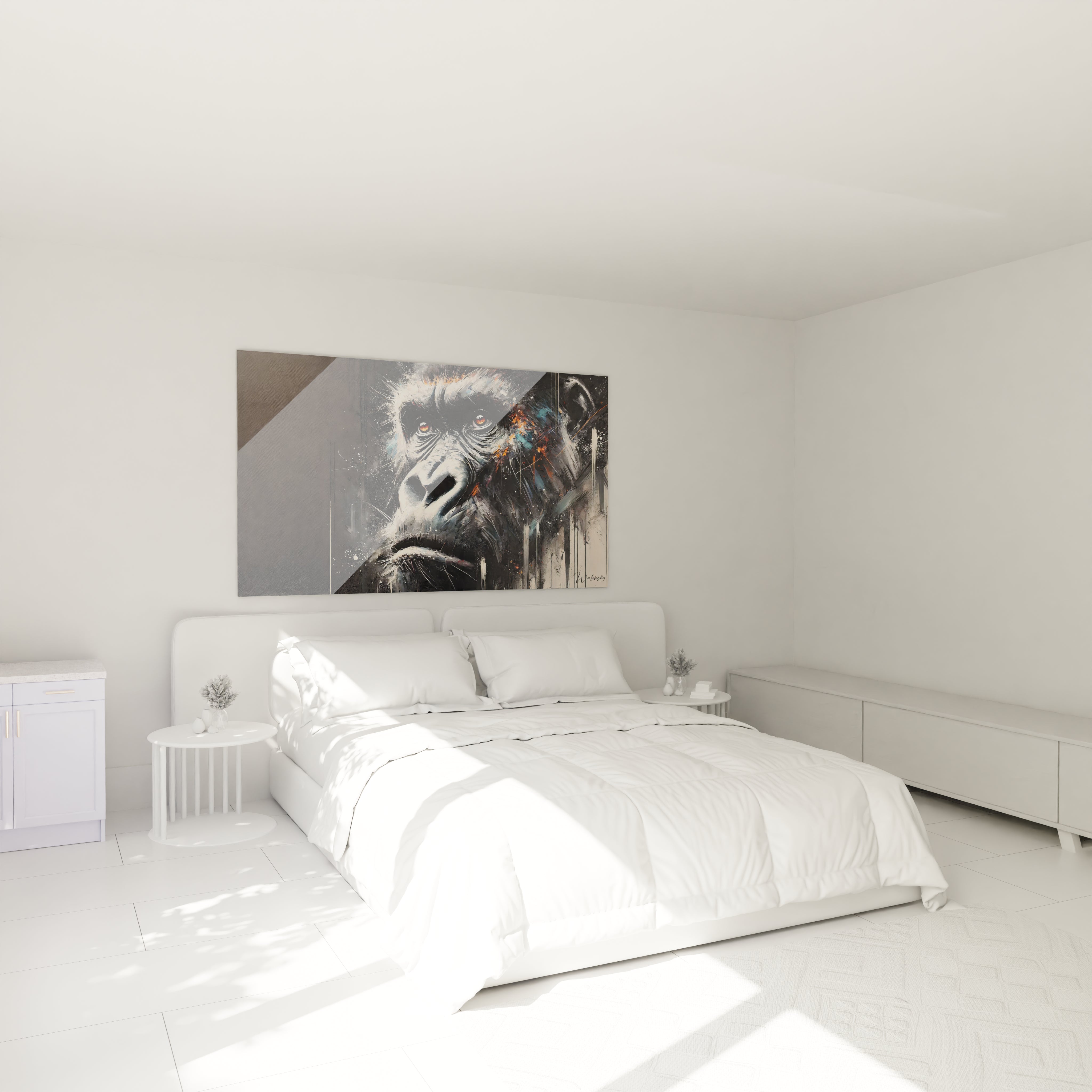 Accroché au-dessus du lit, ce tableau gorille apporte une touche moderne. Ses couleurs audacieuses et le regard puissant du gorille créent une ambiance unique.
