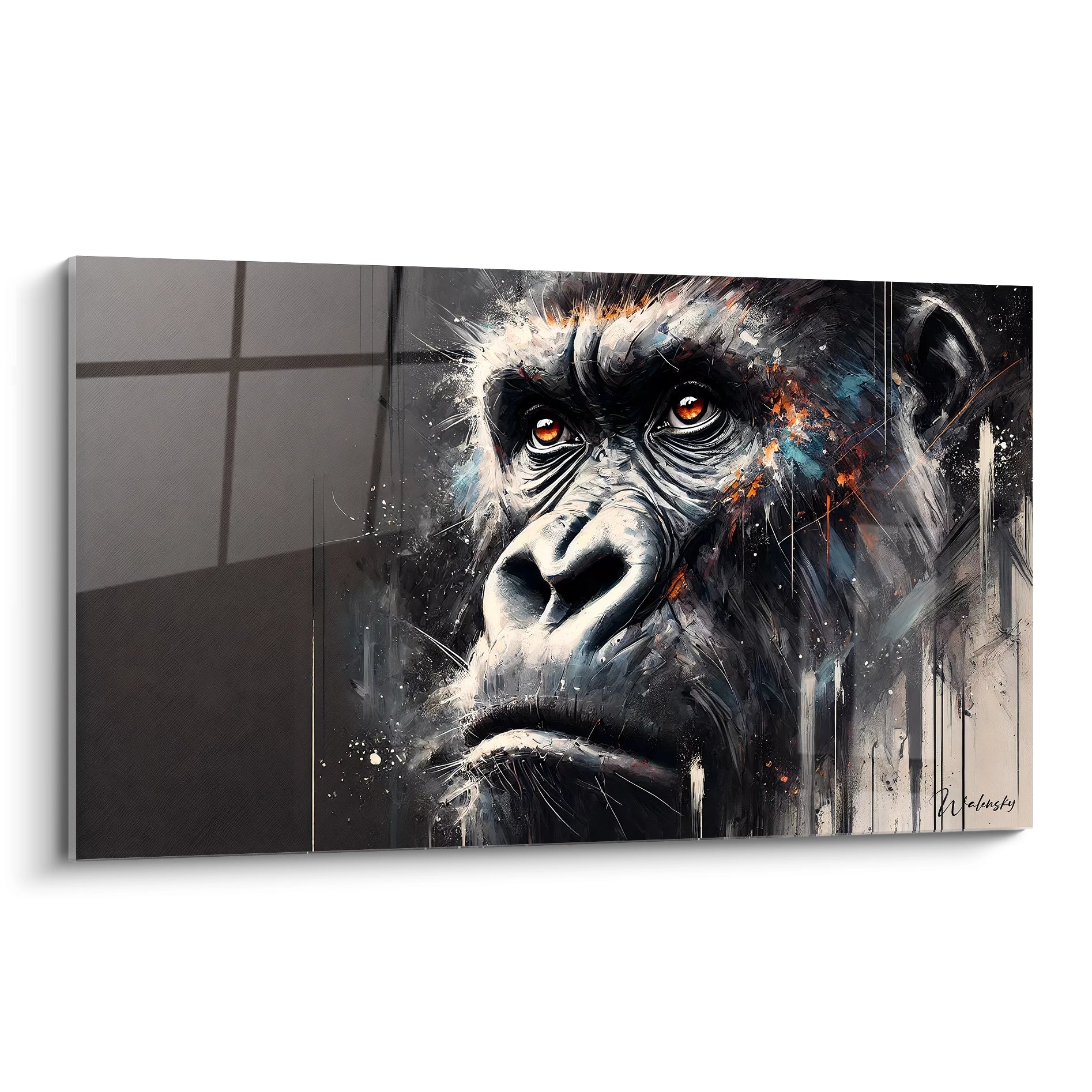 Ce tableau gorille met en avant l'intensité émotionnelle de l'animal. Sa présence saisissante, avec des couleurs vives comme l'orange, éveille l'intérêt.
