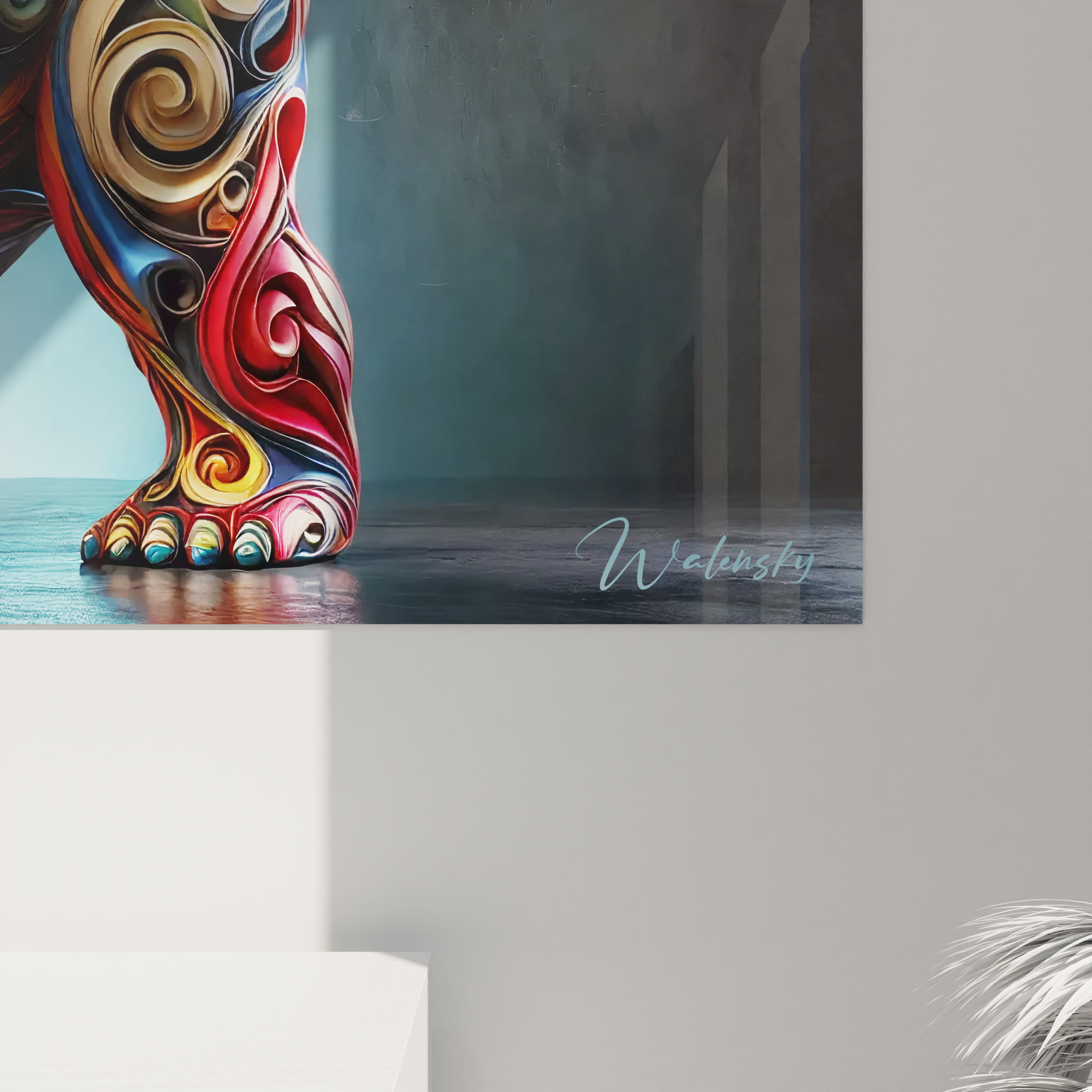 Cette vue de près du tableau gorille révèle des courbes complexes et des motifs dynamiques. Les couleurs vives captivent le regard et mettent en valeur la créativité de l'artiste, rendant l'œuvre unique.