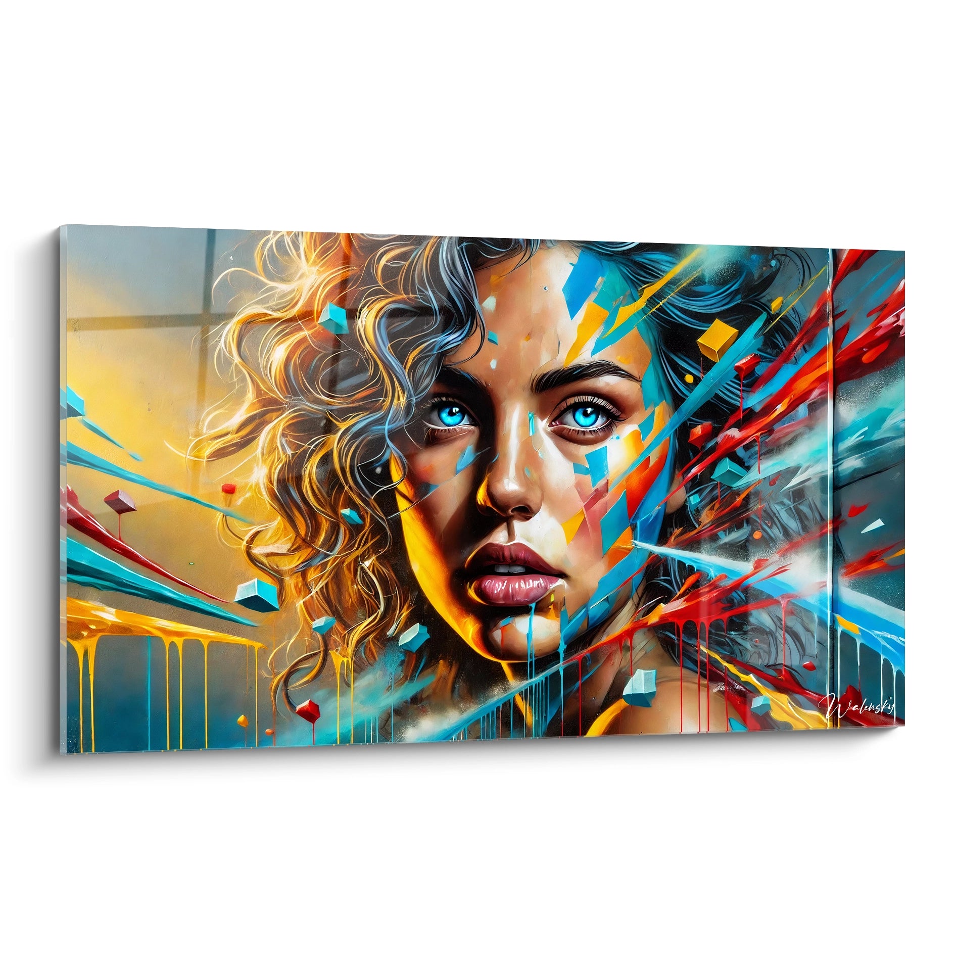Admirez la force et l'énergie du tableau graffiti vu de biais, où les éclats de couleurs symbolisent une renaissance visuelle captivante.