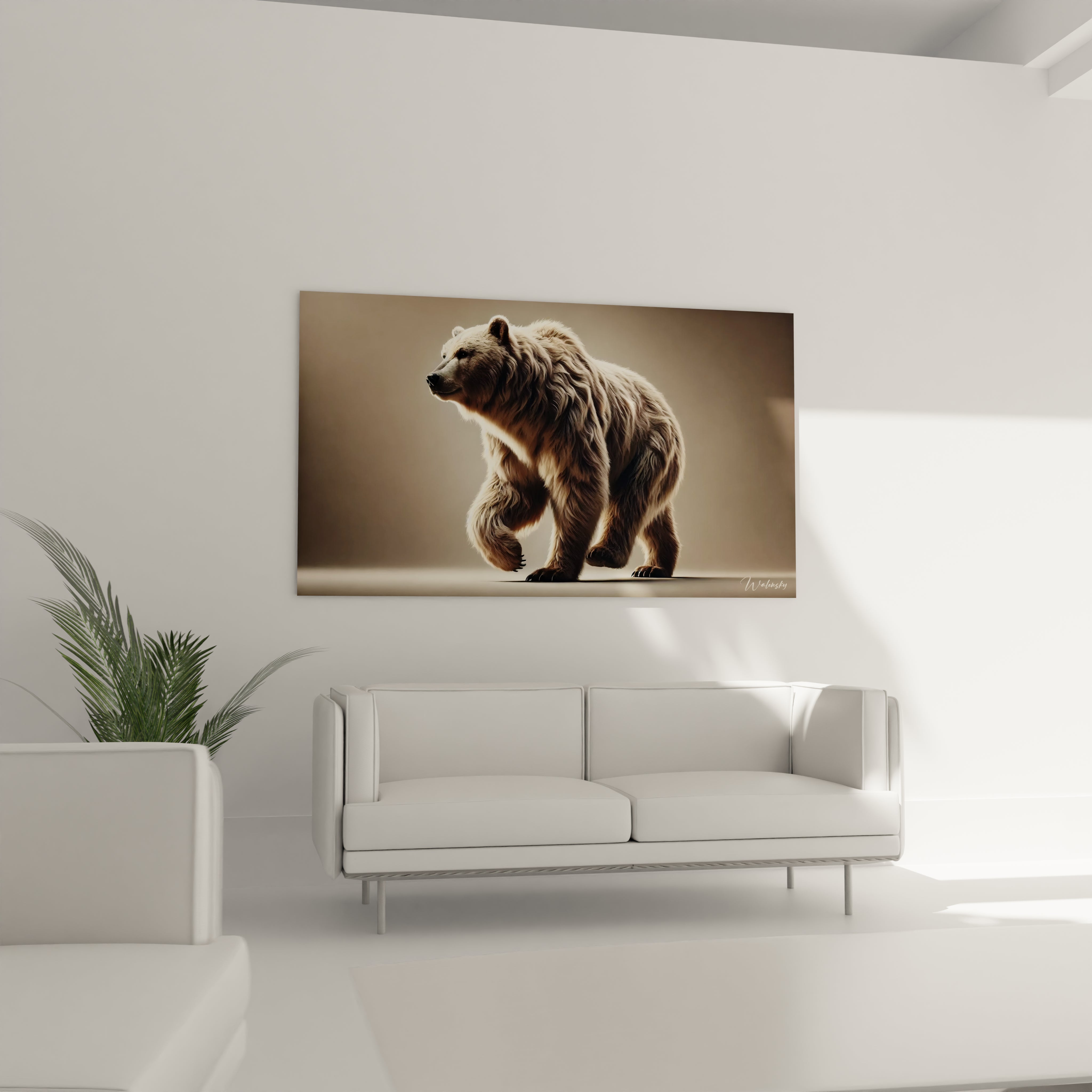 Accroché au-dessus du canapé dans ce salon, ce tableau grizzly apporte une touche majestueuse. Sa présence puissante et son design réaliste soulignent un style naturel et raffiné.