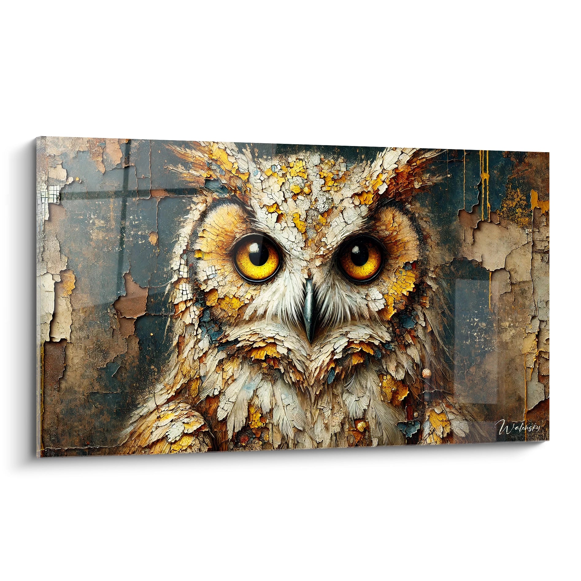 Tableau hibou en presentation : un chef-d'oeuvre artistique qui capte la sagesse mystique du hibou avec ses yeux perçants et une texture brute evocant la nature sauvage.