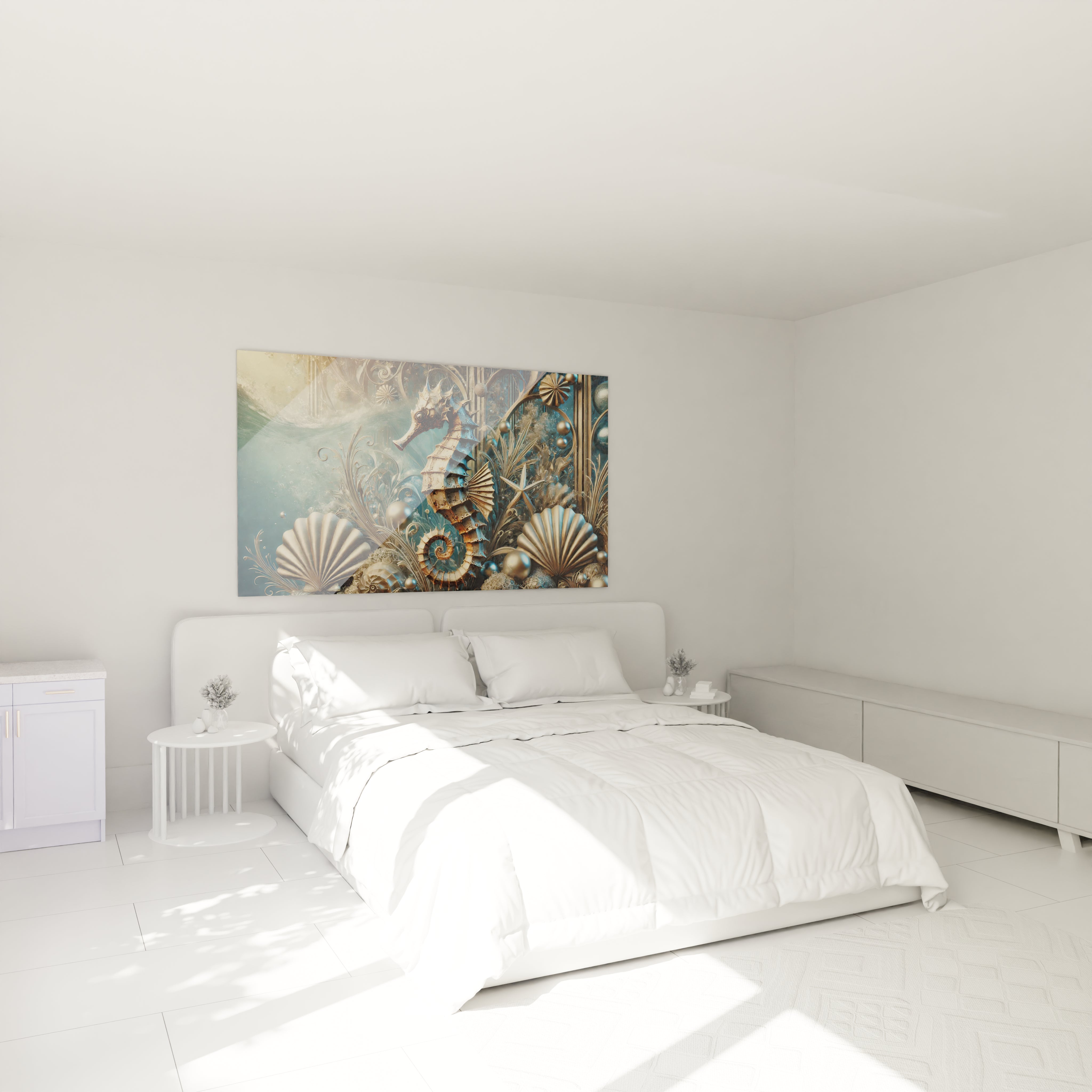 Tableau hippocampe dans une chambre : une touche onirique et apaisante au-dessus du lit. Les couleurs marines et les reflets métalliques créent une ambiance de sérénité idéale pour un espace de détente.