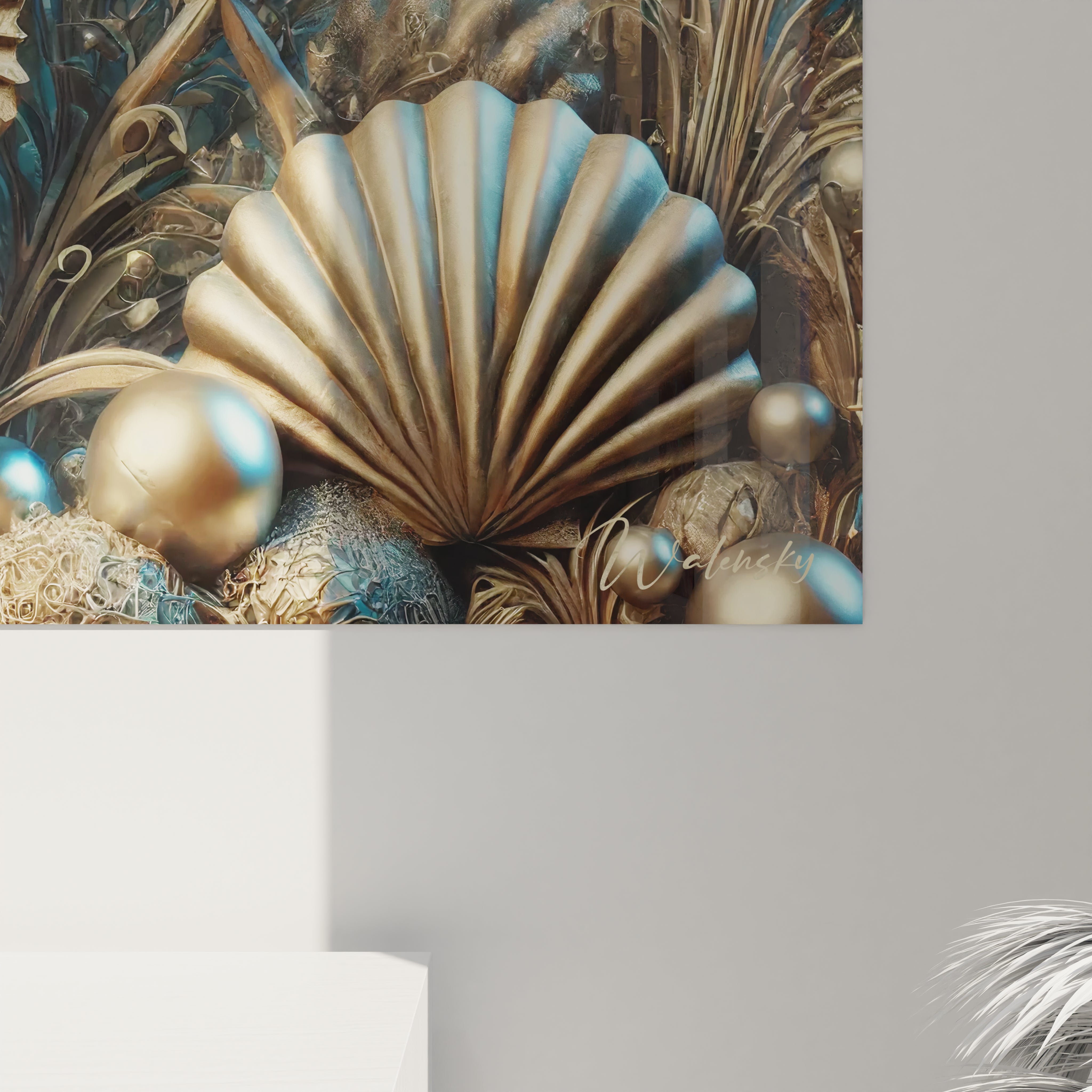 Vue de pres du tableau hippocampe : textures complexes, reflets bronze et détails marins saisissants. Une representation artistique unique qui rend hommage à la beauté mystérieuse de l'océan.