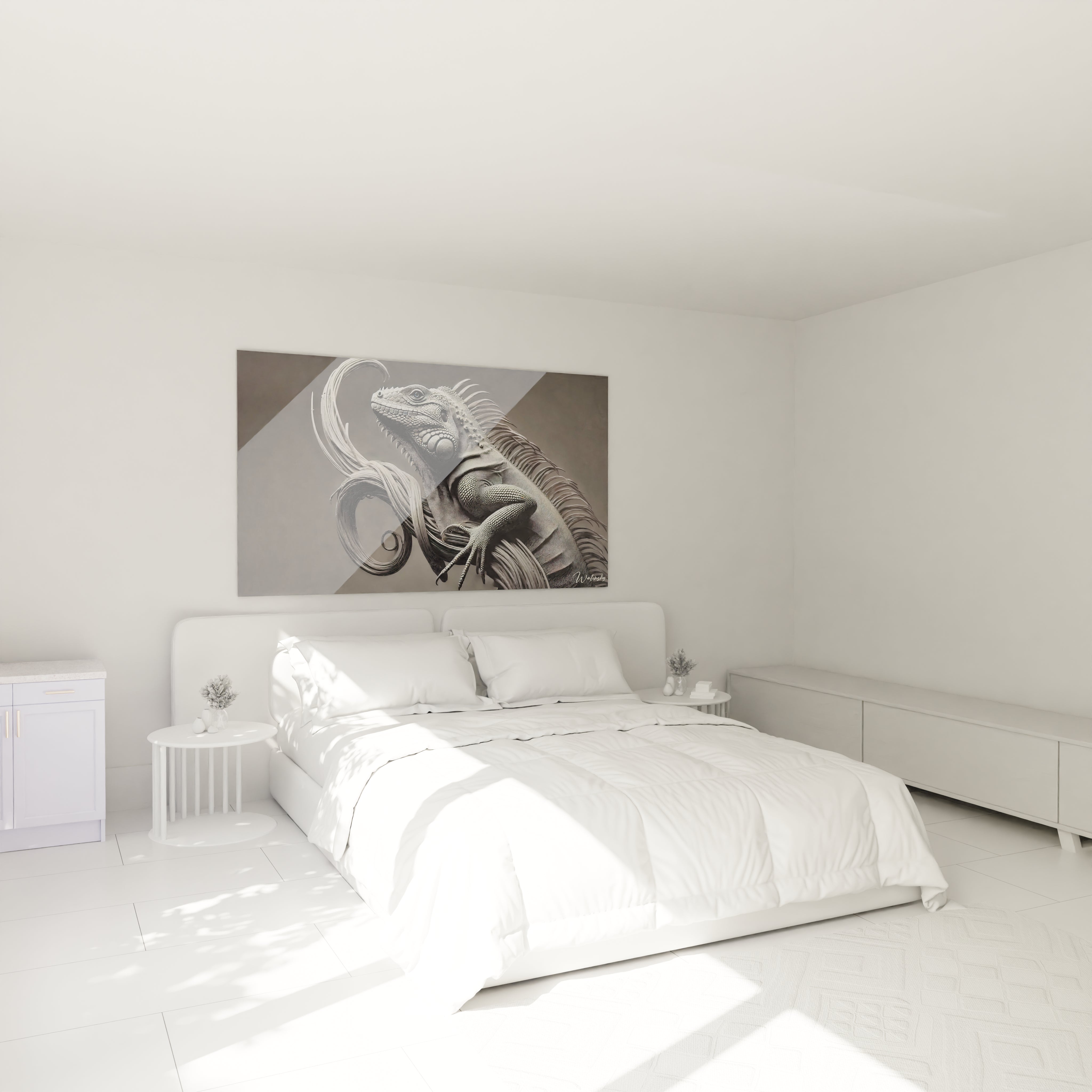 tableau iguane accroché au-dessus du lit dans une chambre moderne, il apporte une touche artistique unique et un lien fort avec la nature dans une palette de gris, argent et noir