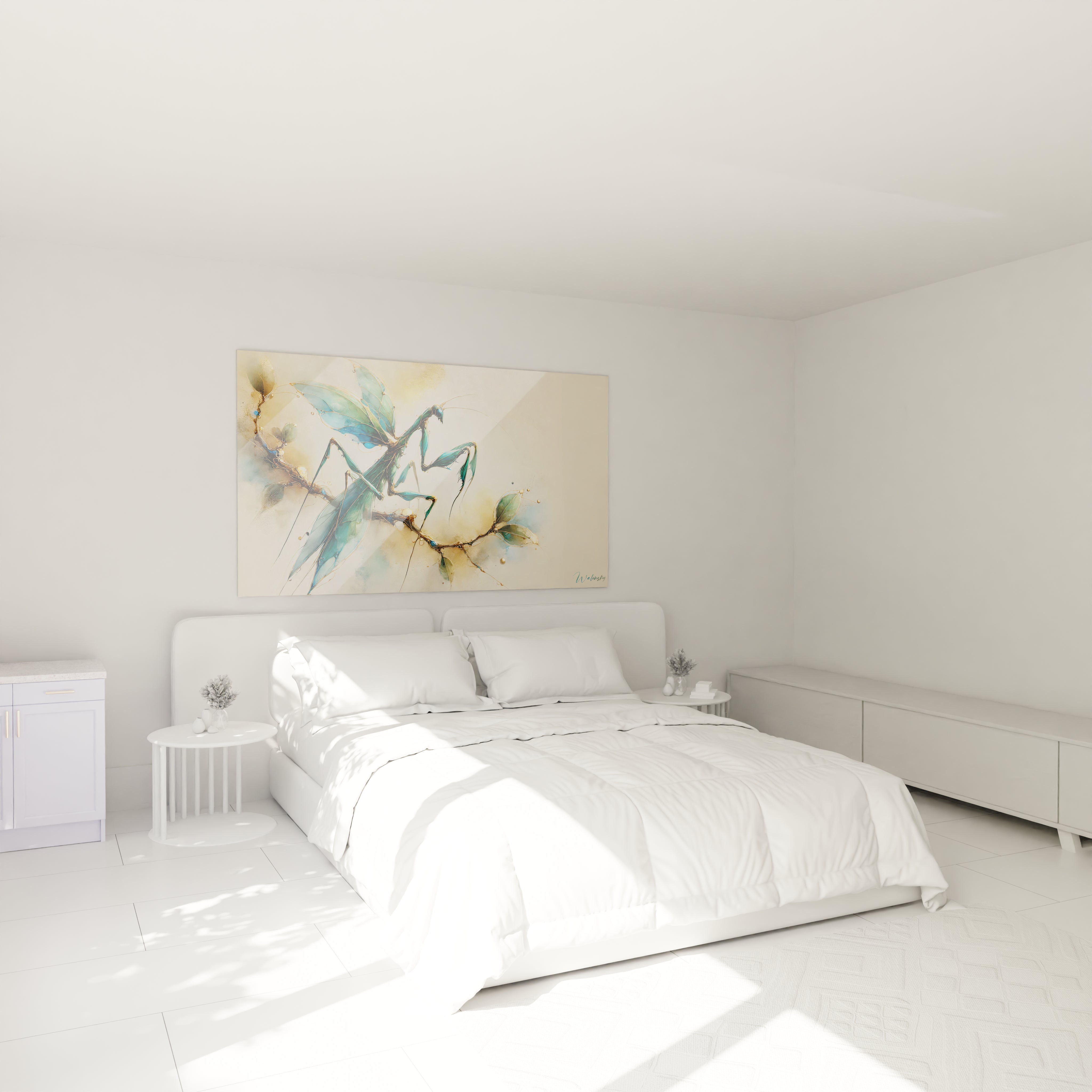 ce tableau insecte elegant et vibrant est parfait pour sublimer une chambre. Accroche au dessus du lit, il offre une vision poetique de la nature et un bel accent de couleur or et bleu.