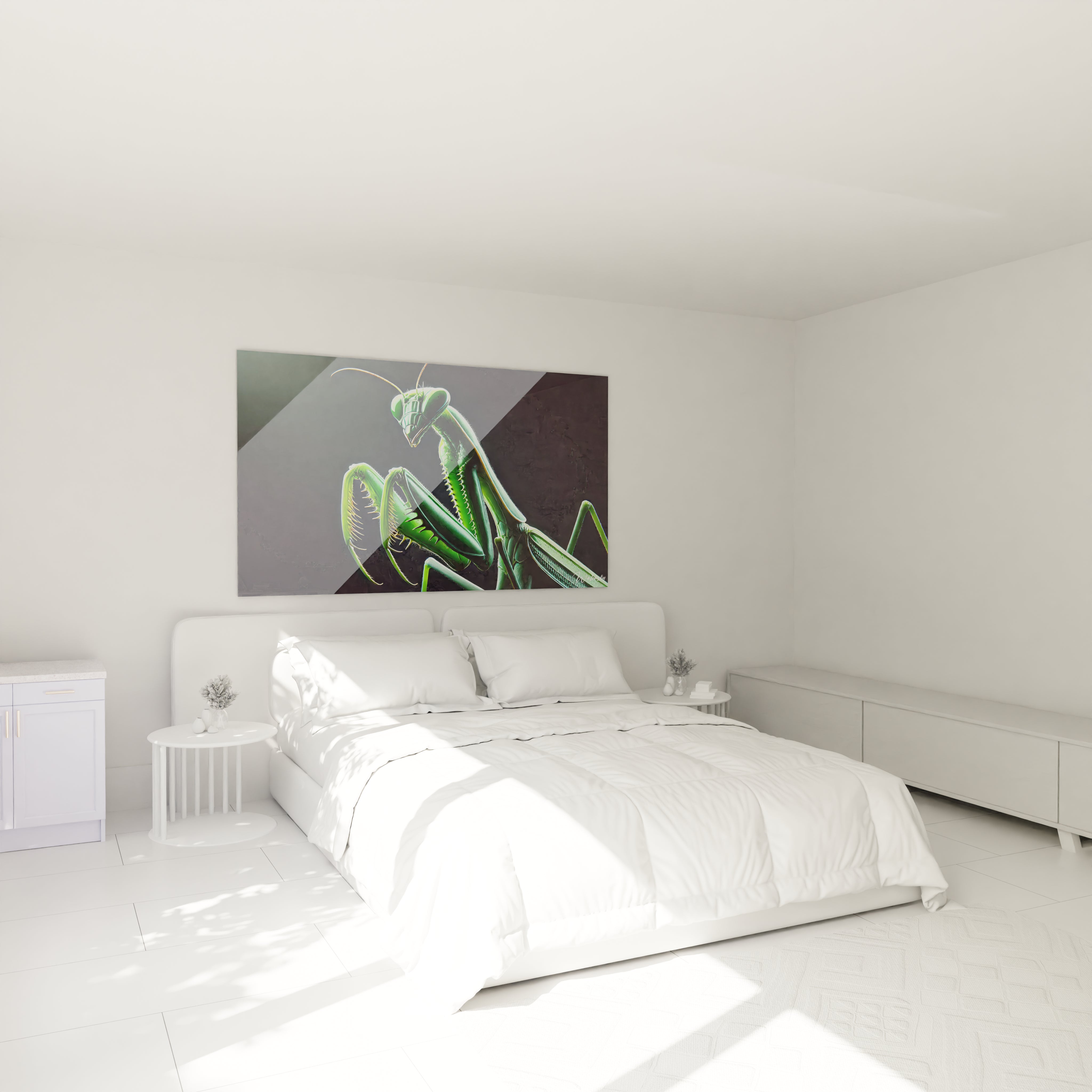 Sublimez votre chambre avec ce tableau insecte hyperrealiste. La mantis religieuse, majestueuse et fascinante, apporte une touche contemporaine et intense a votre decoration murale.