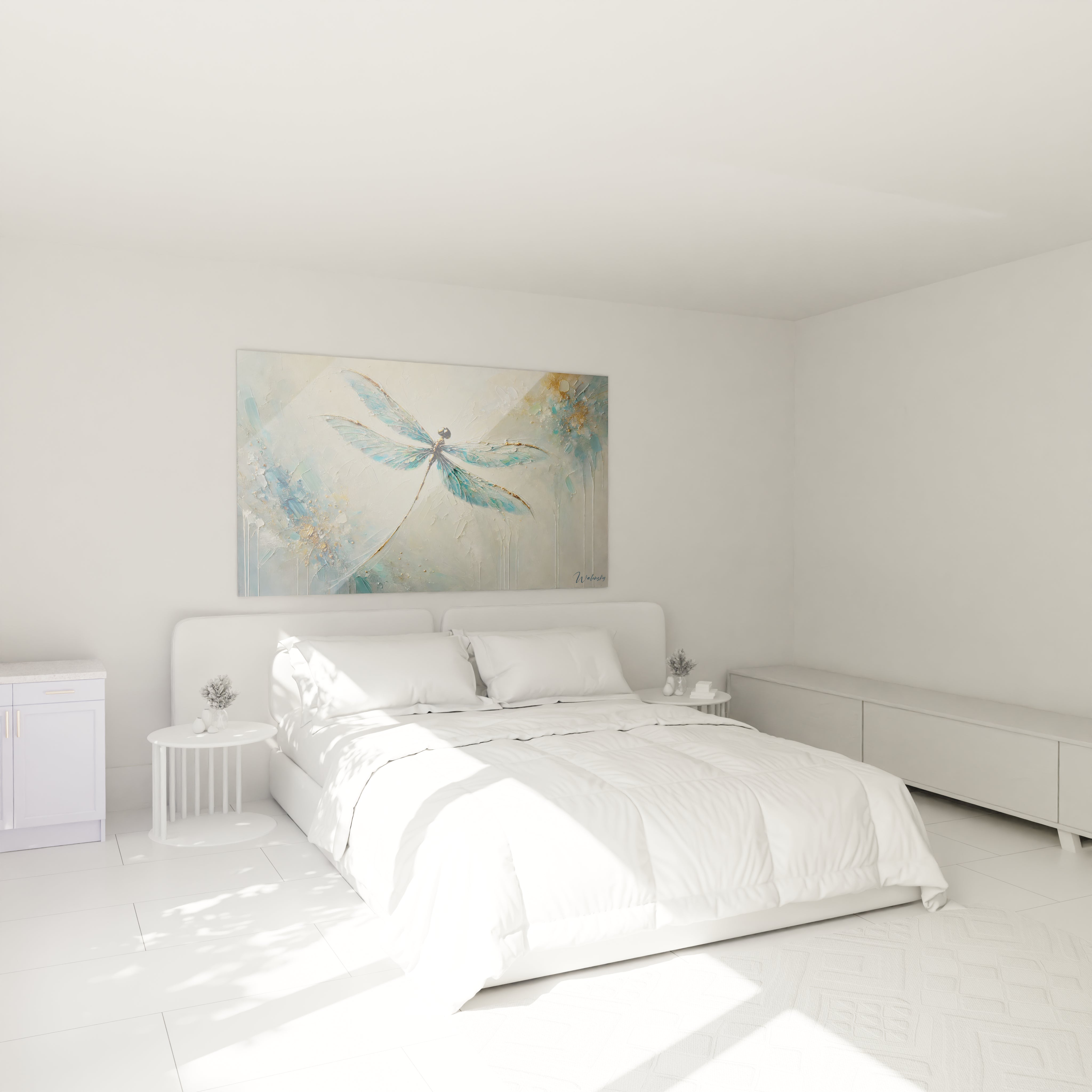 tableau insecte suspendu au-dessus du lit dans une chambre capture la grace et la fragilite de la libellule ses ailes translucides et les nuances de bleu argent et or apportent serenite et finesse