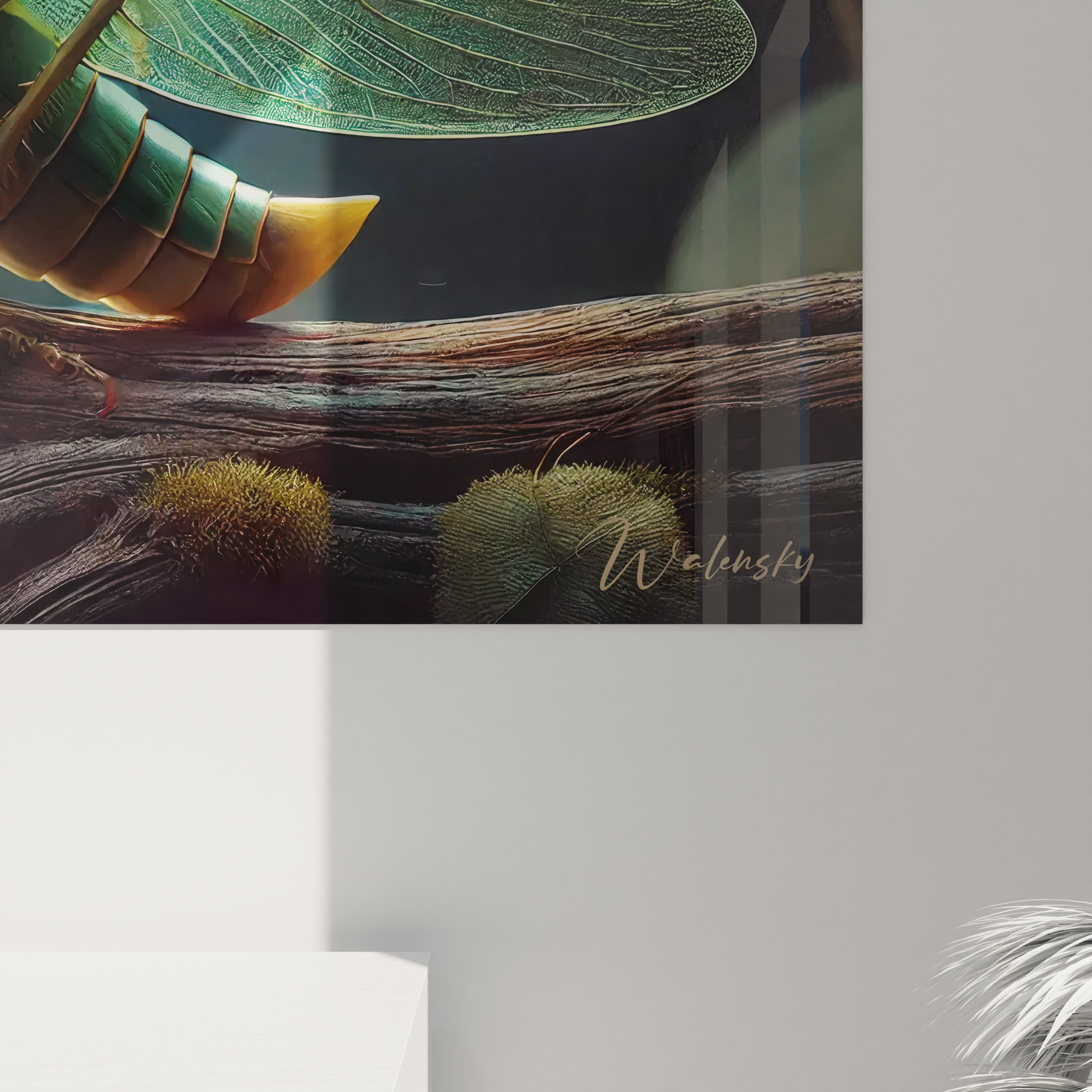 vue de pres de ce tableau insecte révèle la beauté des ailes translucides de la sauterelle et la précision du travail artistique chaque détail souligne la perfection de cet insecte