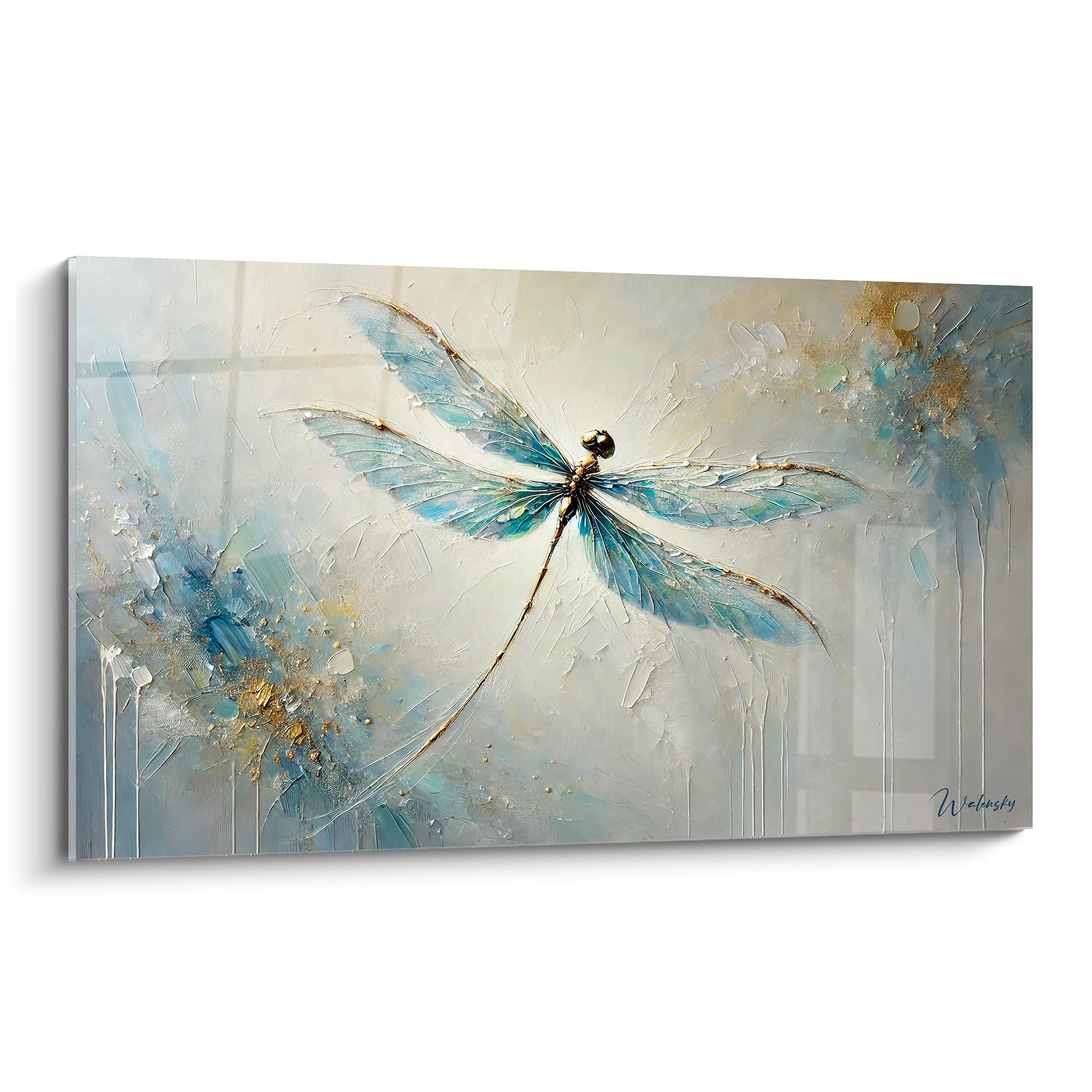 tableau insecte vue de biais capturant une libellule en plein vol ses ailes translucides evoquent la legerete et la liberte une touche contemporaine melant abstrait et realisme s'en degage