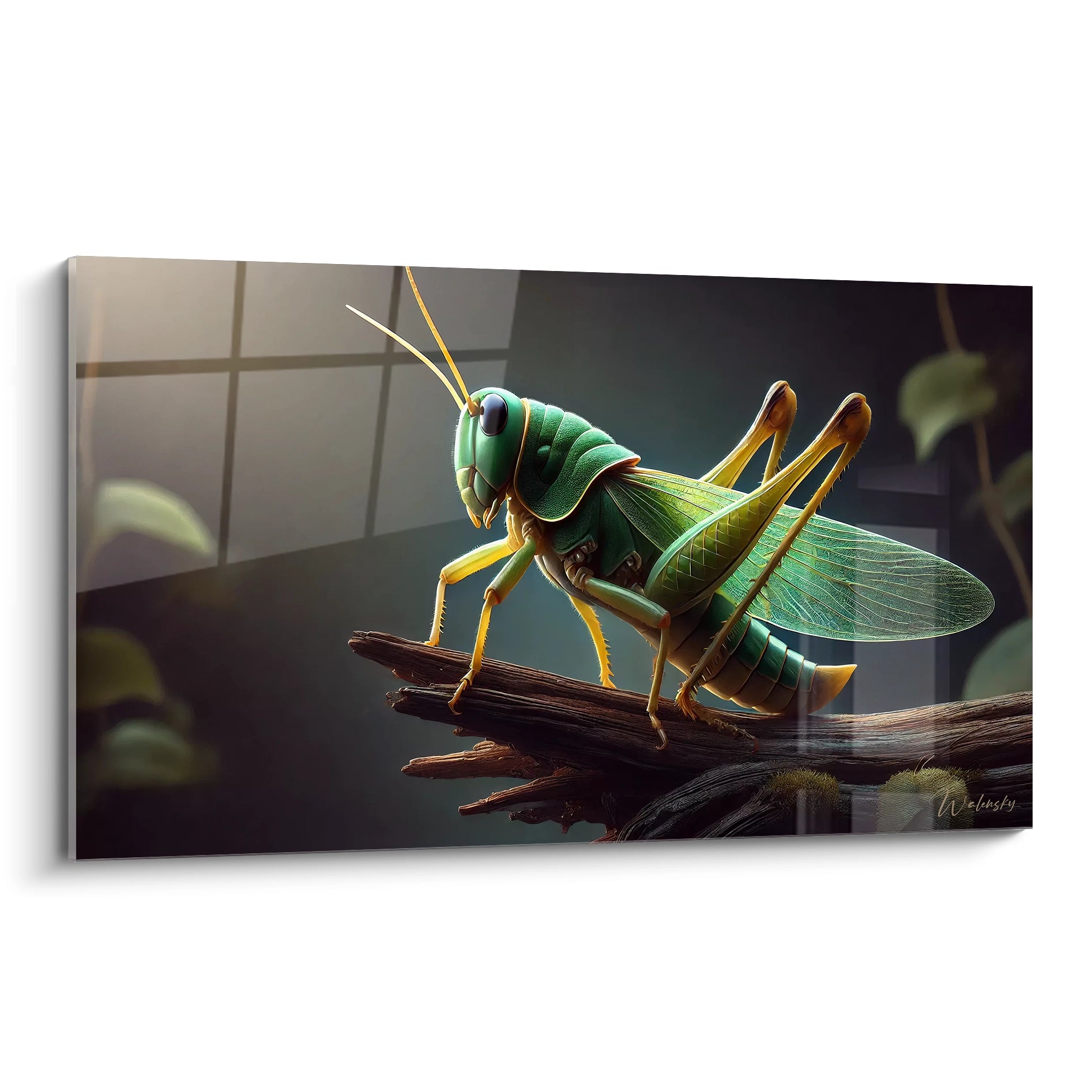 tableau insecte vue de biais met en avant la sauterelle majestueuse capturée avec un réalisme saisissant l insecte lumineux contraste avec l arrière plan sombre et invite à une contemplation profonde