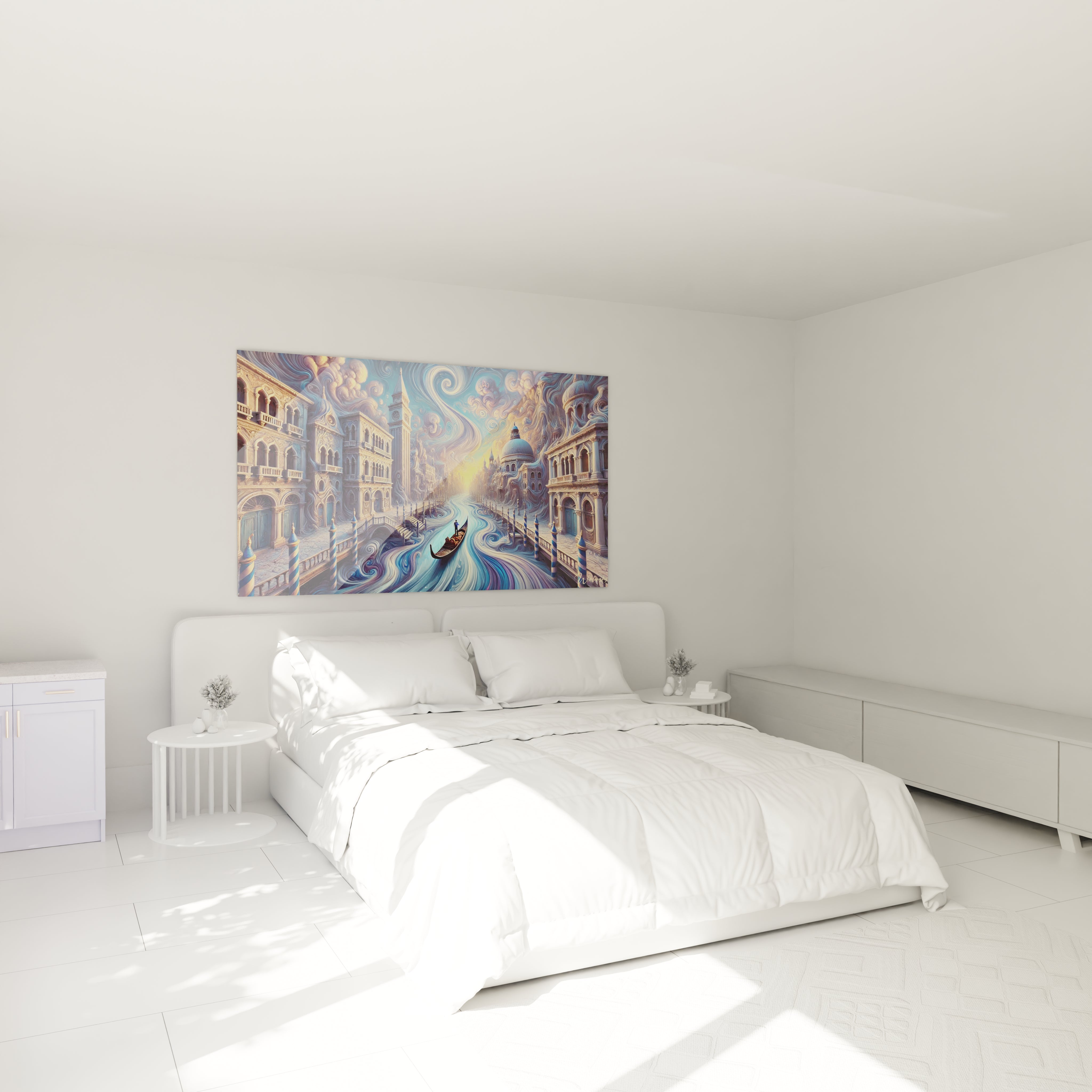 Tableau Venise dans une chambre : Accroché au-dessus du lit, ce tableau Venise illumine la pièce d’un coucher de soleil flamboyant. Les reflets aquatiques et les courbes fluides créent une ambiance apaisante et romantique.