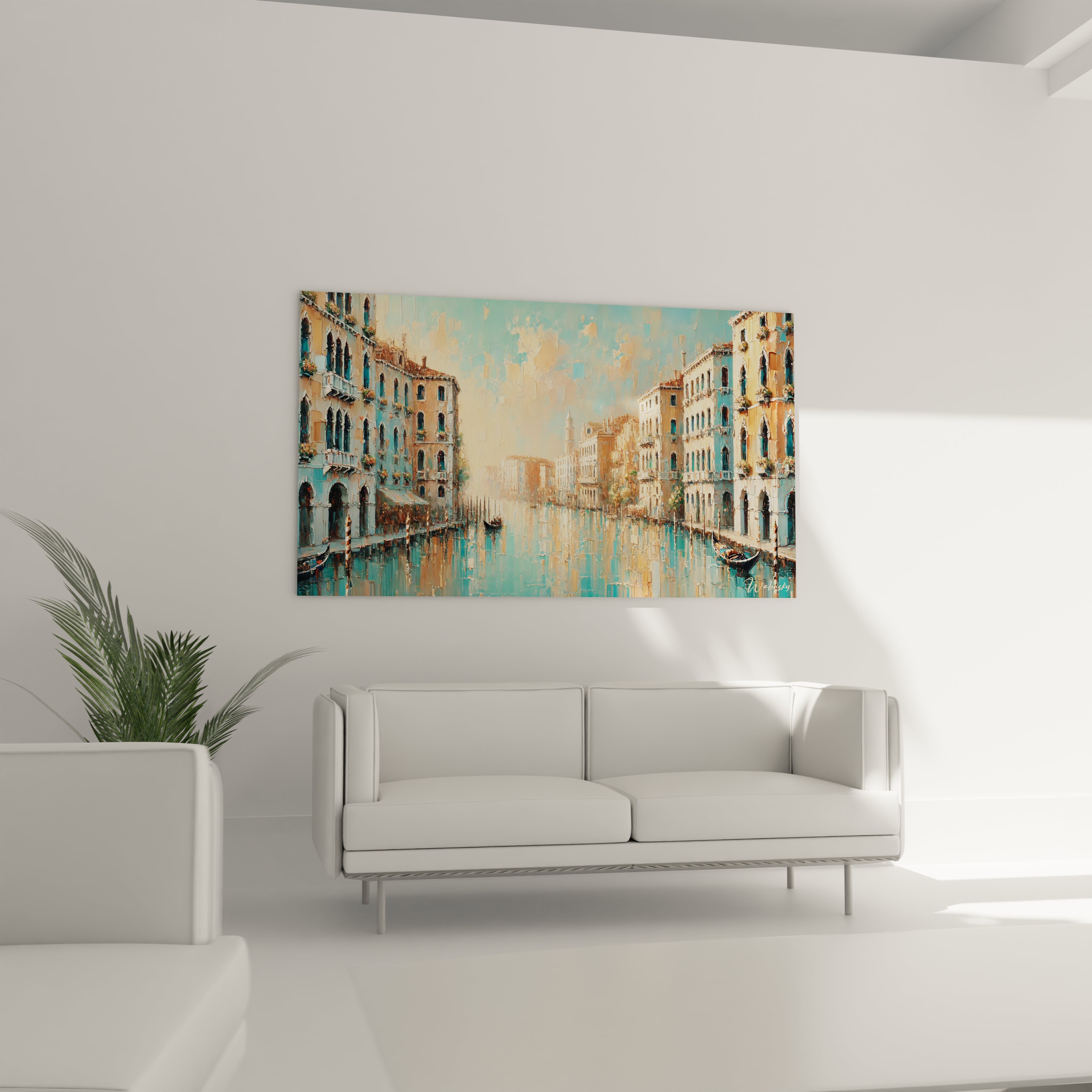 Dans un salon, ce tableau Venise au-dessus d’un canapé illumine l’espace avec ses reflets scintillants et ses couleurs éclatantes, symboles de la vie vibrante et poétique de la cité flottante.