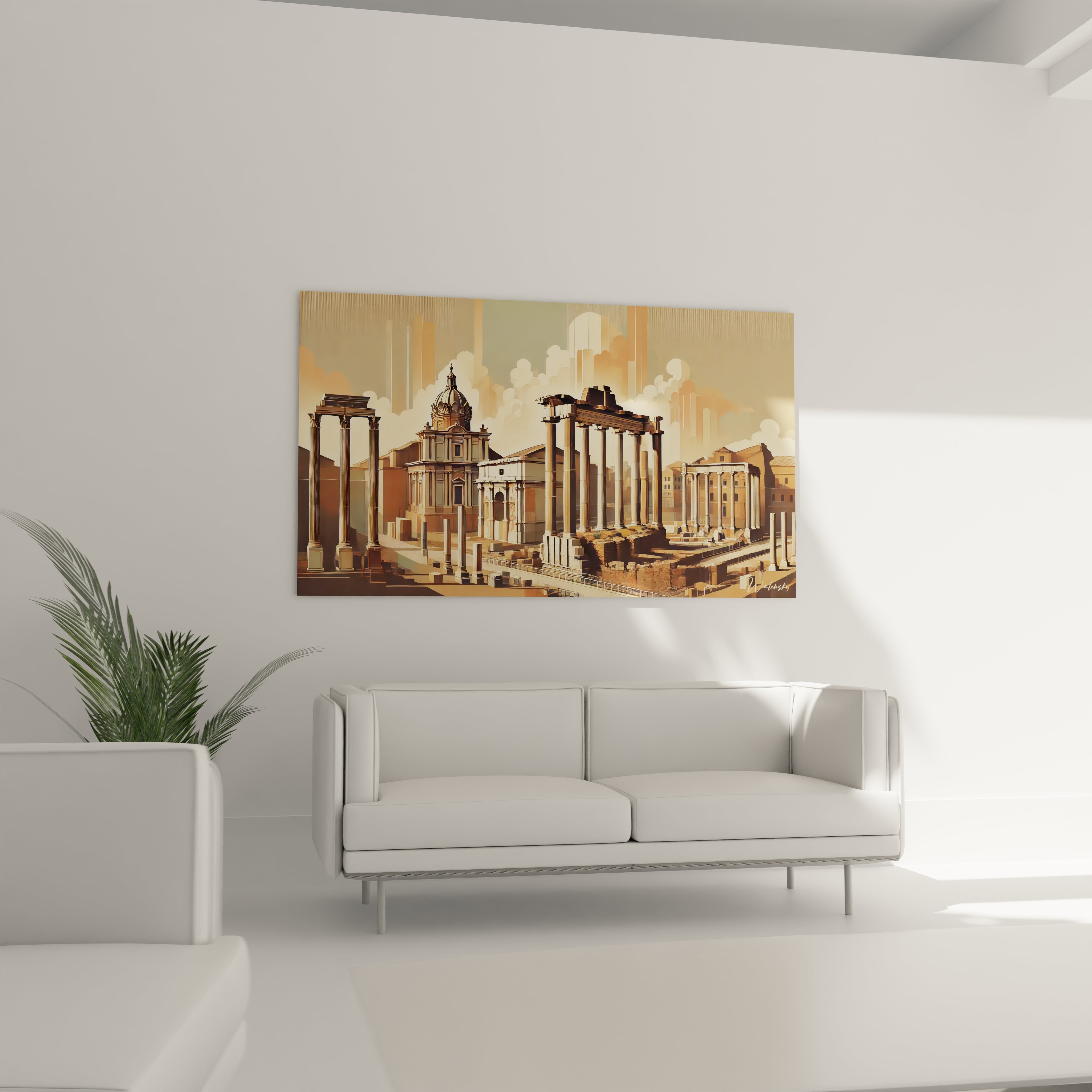 tableau rome au-dessus d un canape teintes douces beige bronze histoire modernite textures riches style minimaliste