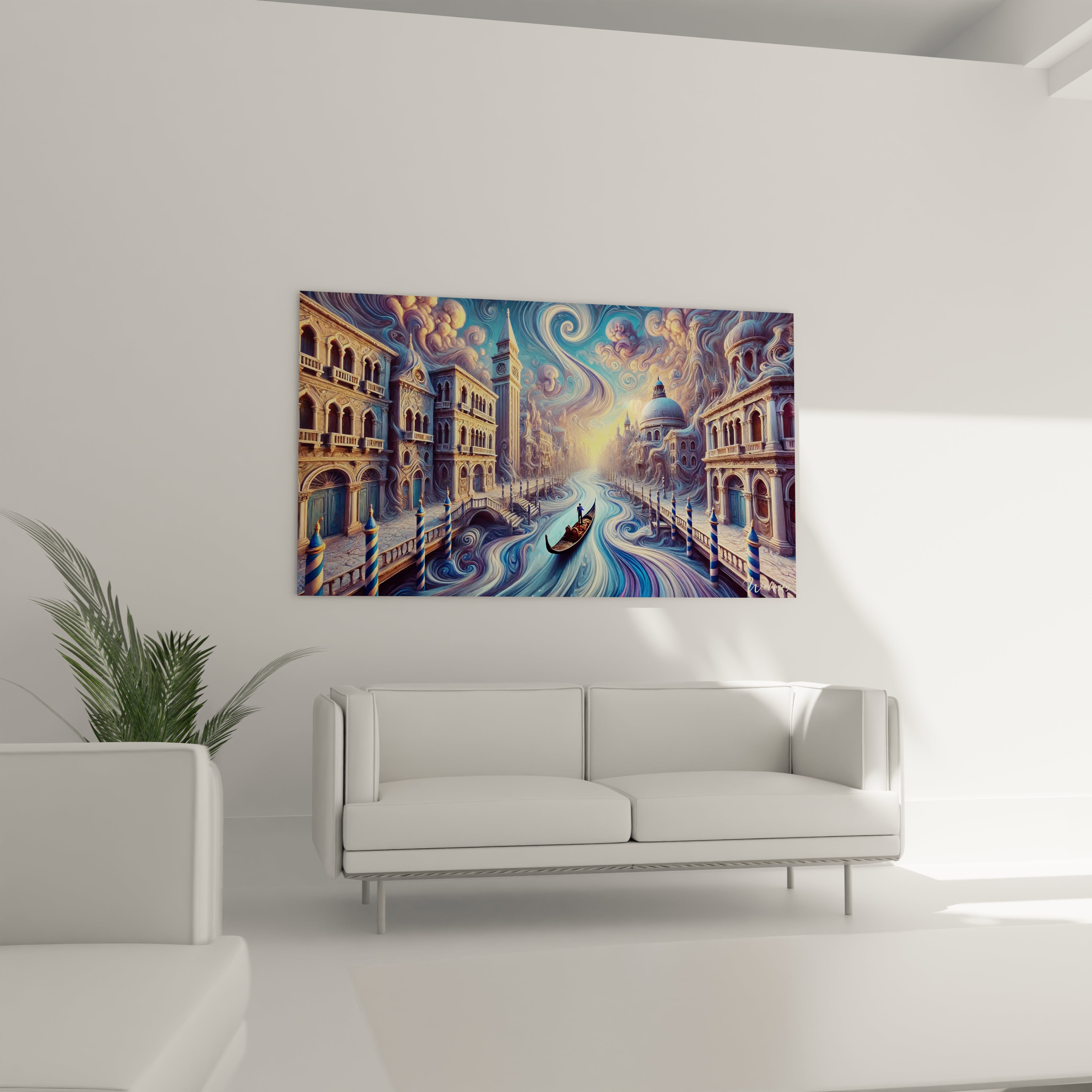 Tableau Venise dans un salon : Placé au-dessus d’un canapé, ce tableau Venise devient le point central du salon. Les teintes bleu marine et orange fusionnent pour capturer la vie des canaux vénitiens.