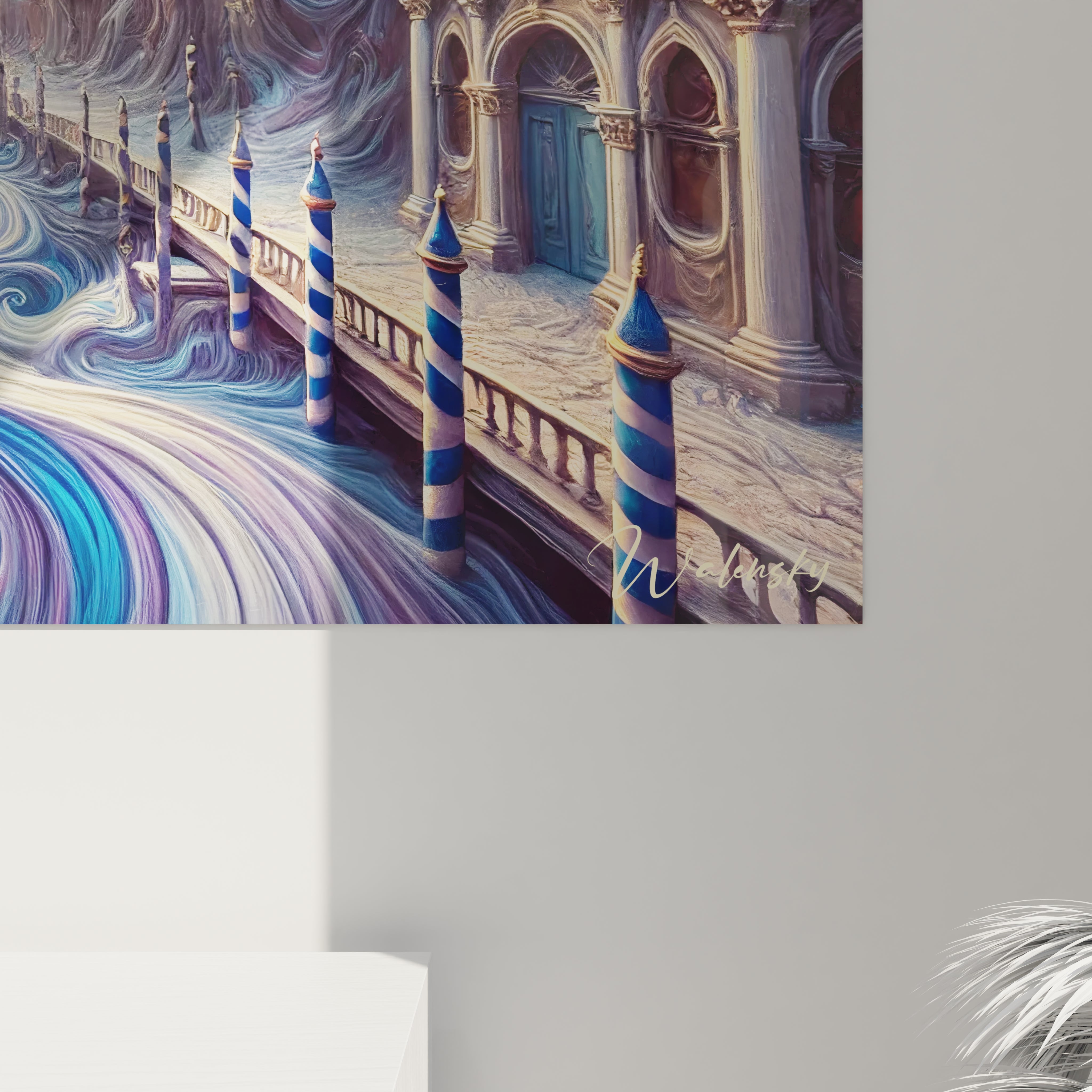 Vue de près du tableau Venise : Les détails fascinants révèlent des textures tourbillonnantes et des coups de pinceau évoquant les reflets d’eau. Un mariage d'art surréaliste et d'inspiration vénitienne.