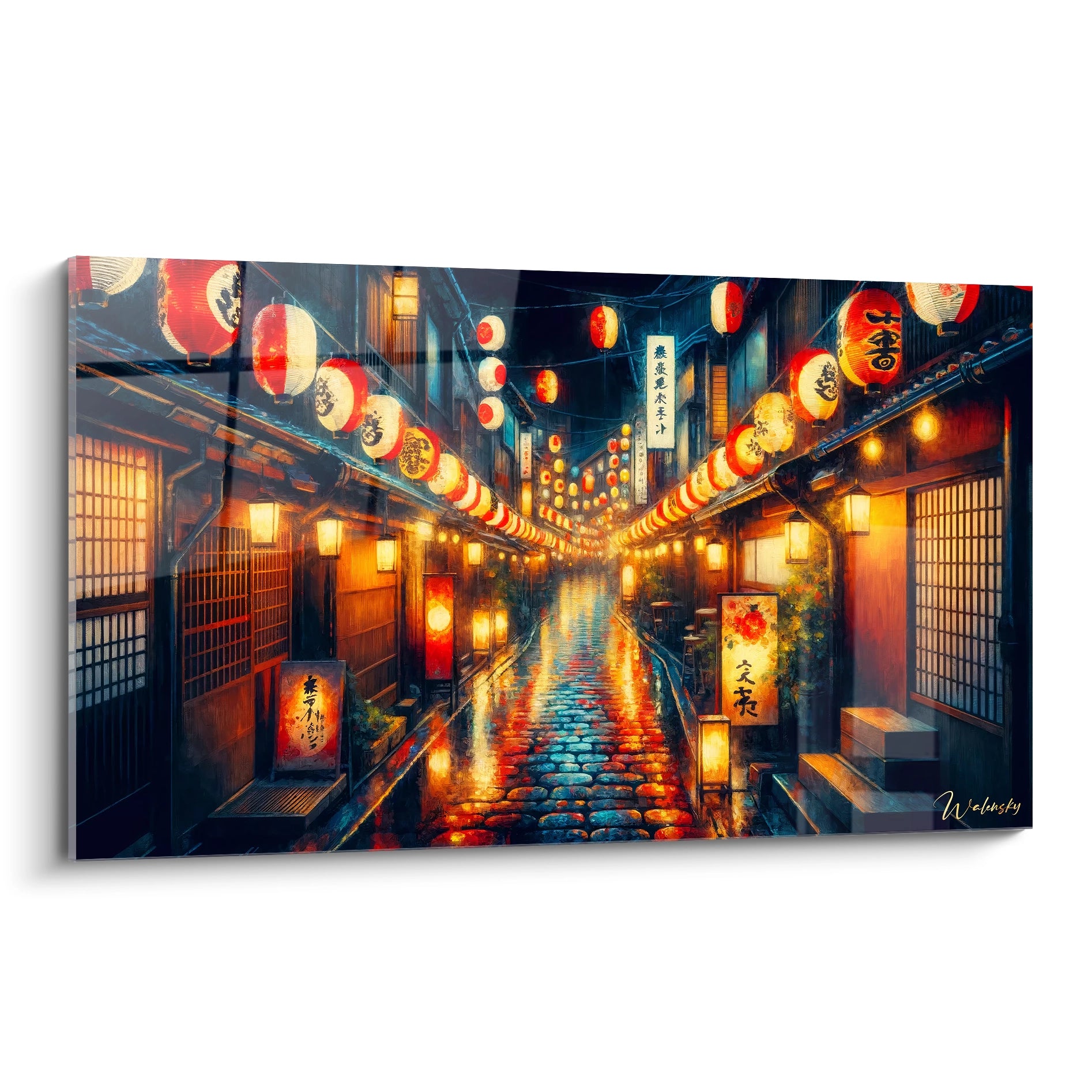 tableau japonais vu de biais les lanternes rouges et oranges brillent au-dessus des pavés bleutés mouillés créant une ambiance magique et nostalgique parfaite pour les amoureux du Japon traditionnel