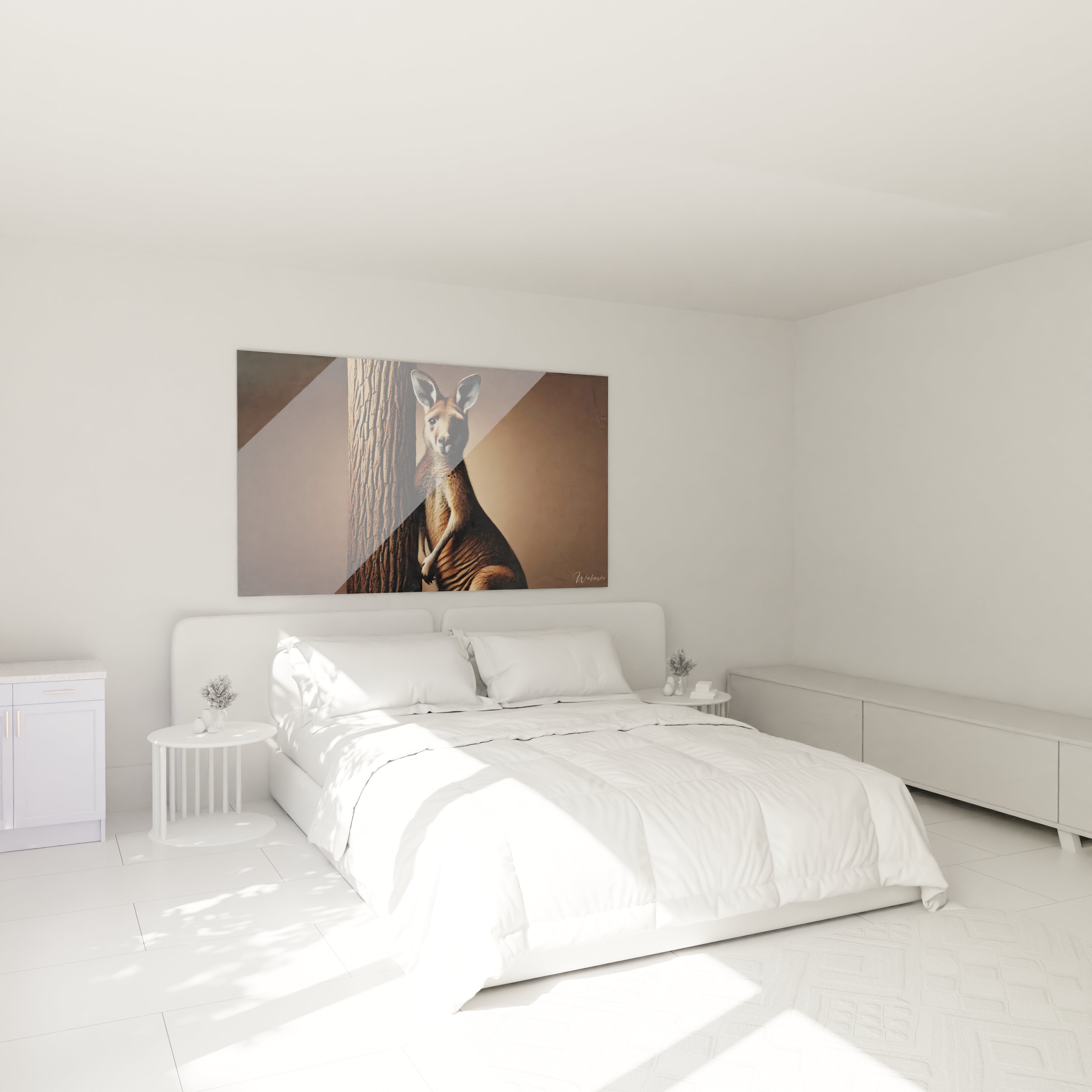 Le tableau kangourou, accroché dans une chambre, apporte une ambiance apaisante. Ses tons naturels marron, beige et noir s'harmonisent parfaitement avec un environnement chaleureux, créant un espace serein.