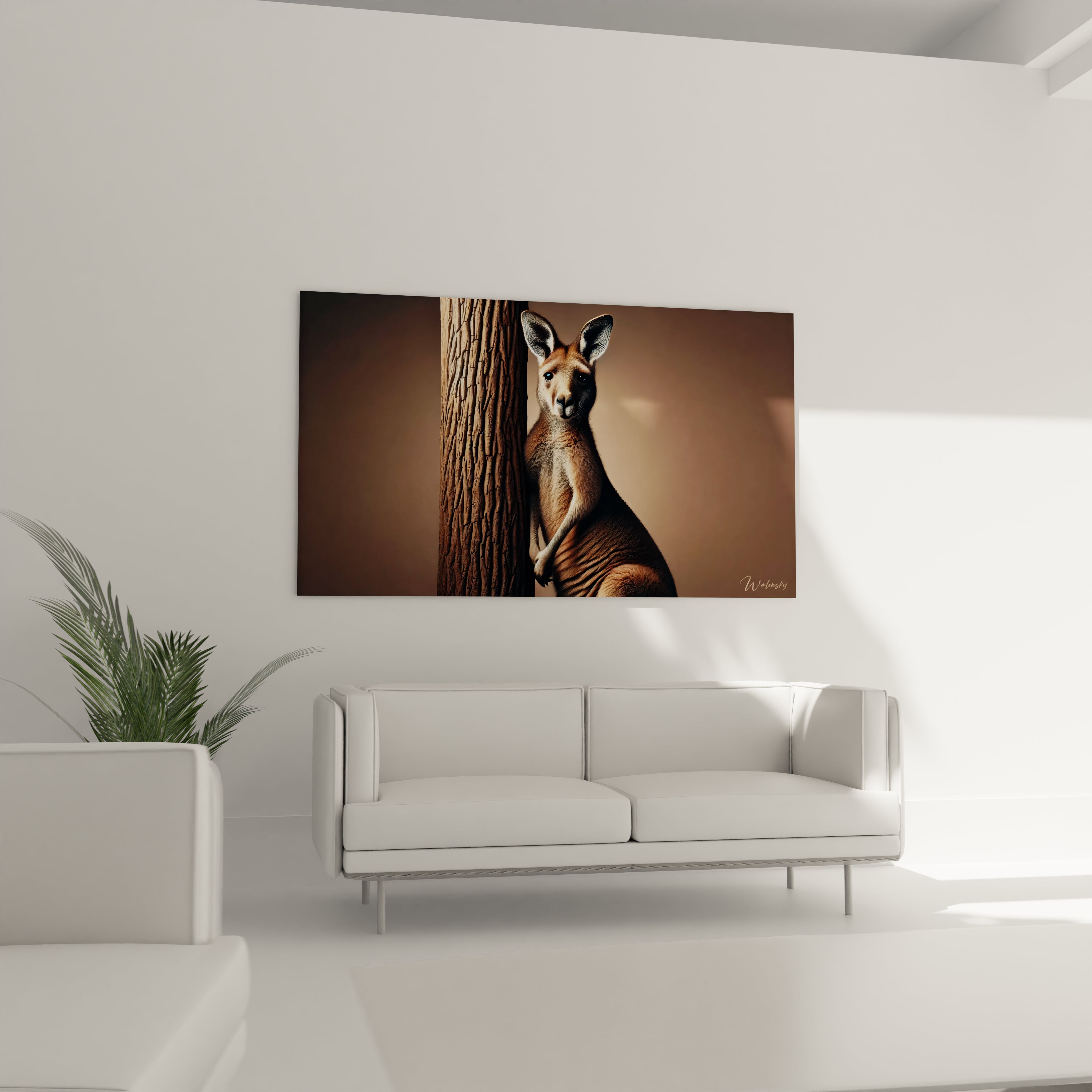 Dans un salon, ce tableau kangourou accroché au-dessus d'un canapé devient un point focal. Son réalisme et sa palette naturelle créent une atmosphère intime, idéale pour un décor inspiré de la nature.