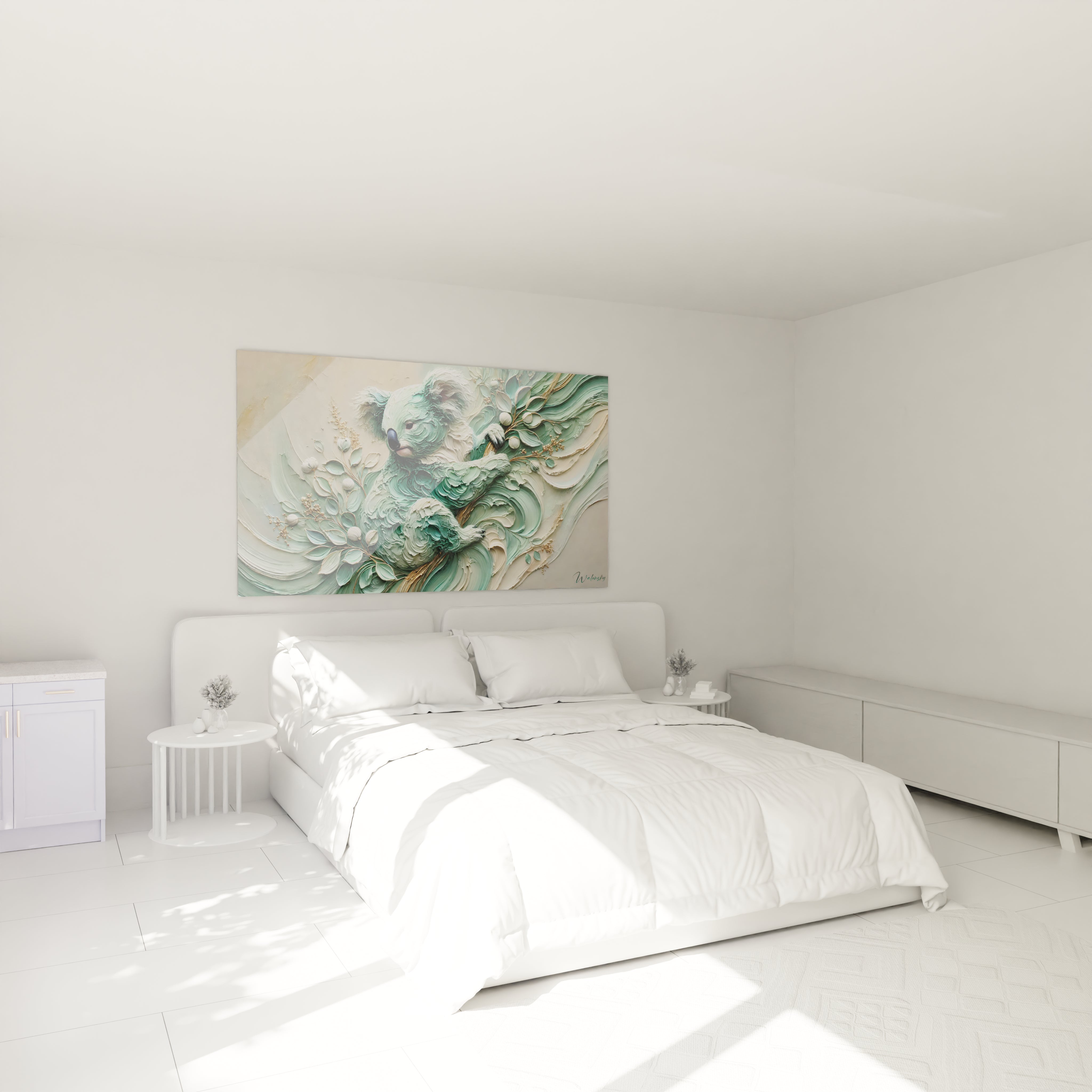 Sublimez votre chambre avec ce tableau koala au dessus de votre lit. Ses tons pastel et ses détails délicats apportent une atmosphère apaisante et onirique, idéale pour un espace de détente.