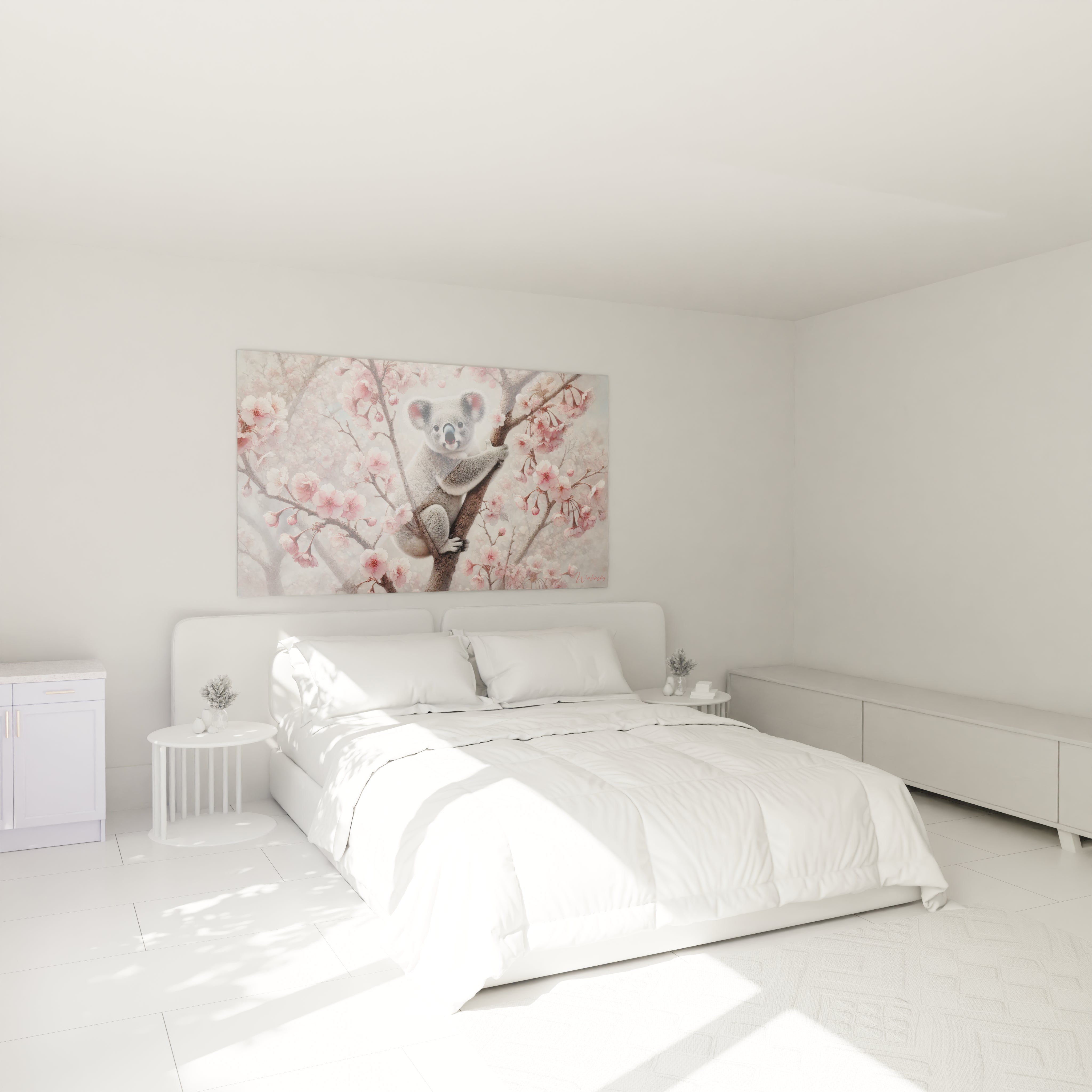 Accrochez ce tableau koala au-dessus de votre lit pour une chambre empreinte de douceur et de tranquillité. Les nuances grises et roses des fleurs apportent une ambiance relaxante et elegante.