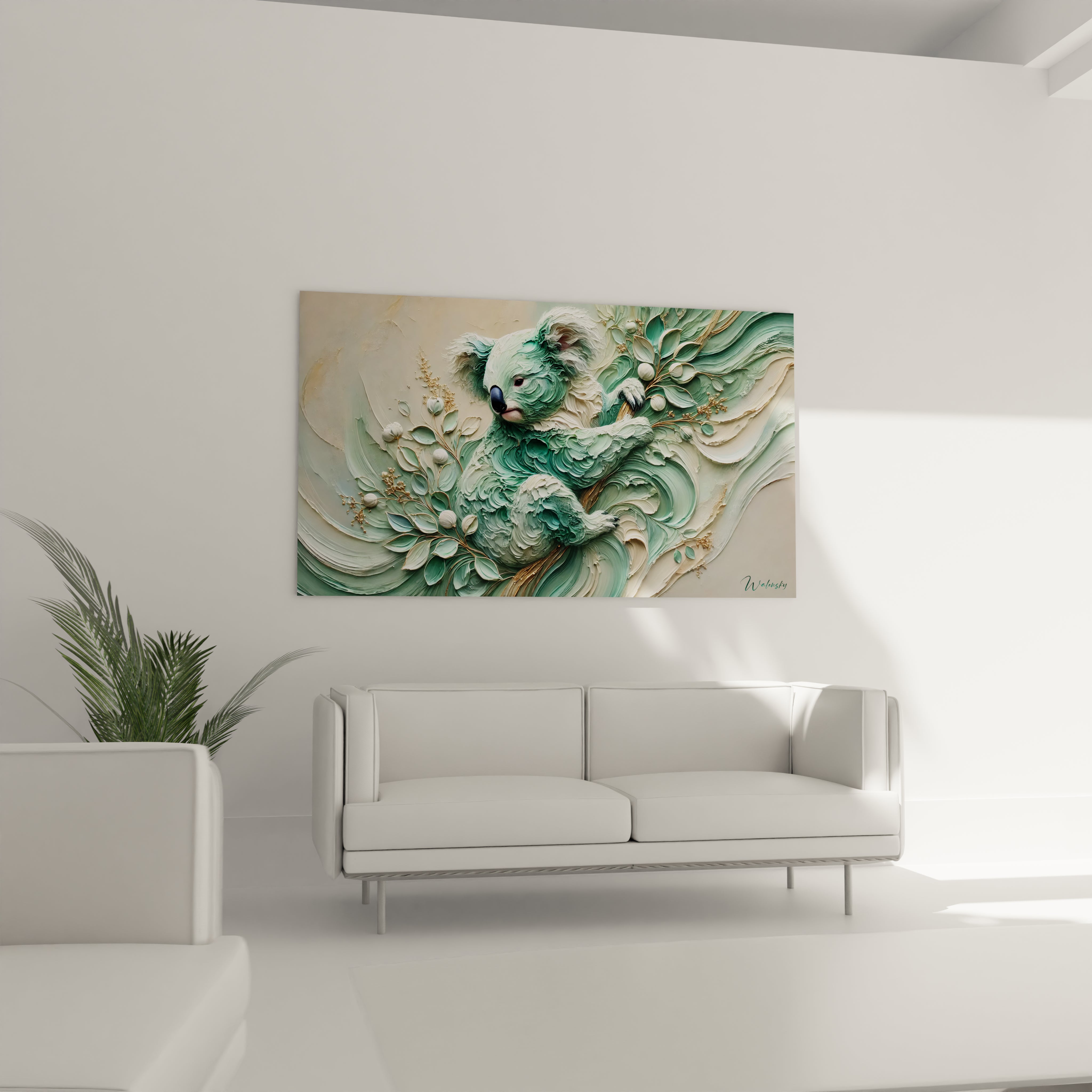 Ce tableau koala ajoute une touche poétique à votre salon au dessus du canapé. Les nuances de vert et d'or illuminent l'espace, créant un environnement chaleureux et accueillant.