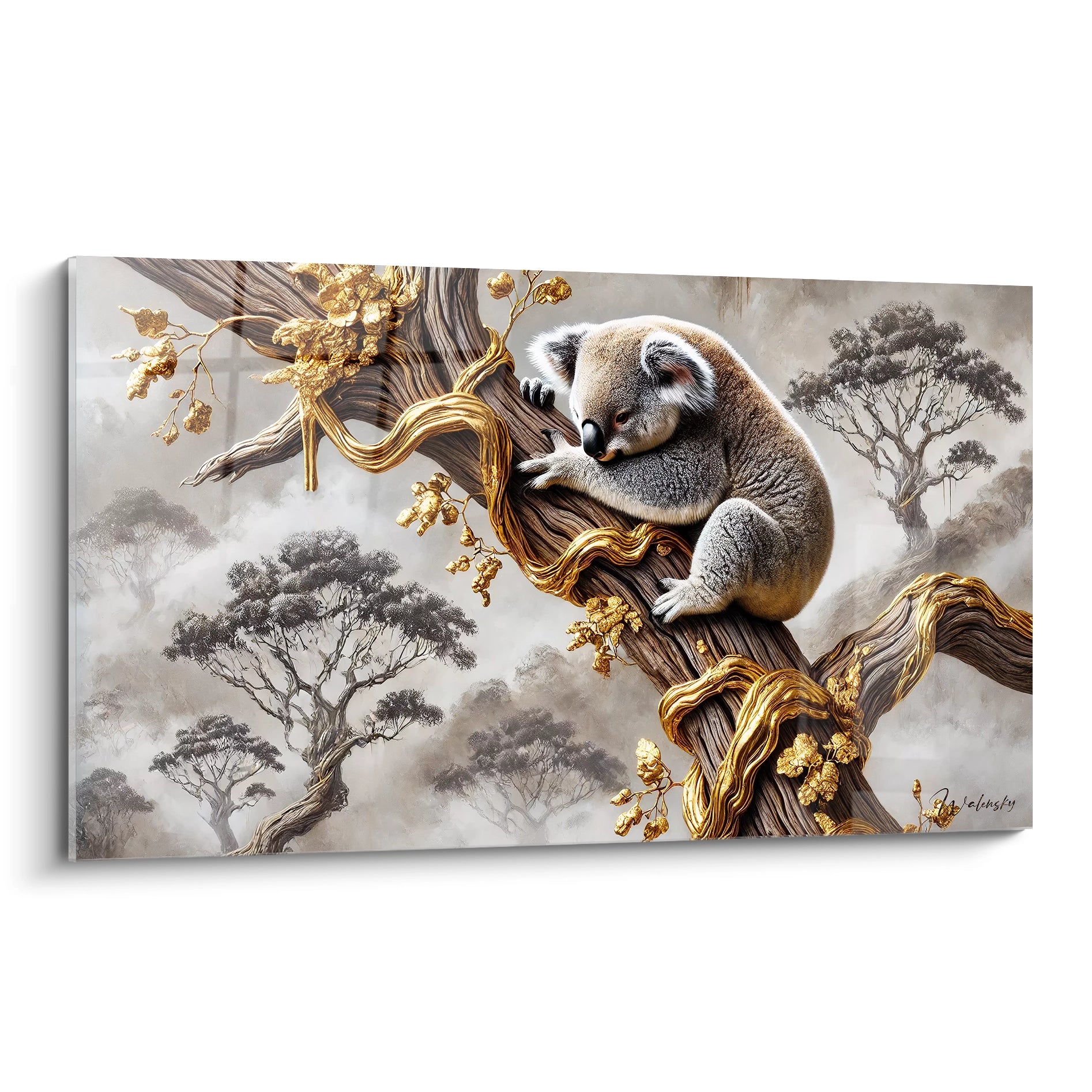 Ce tableau koala vu de biais révèle toute la finesse des détails dorés et la douceur du pelage de l'animal. Une touche de sophistication pour un intérieur élégant et moderne.