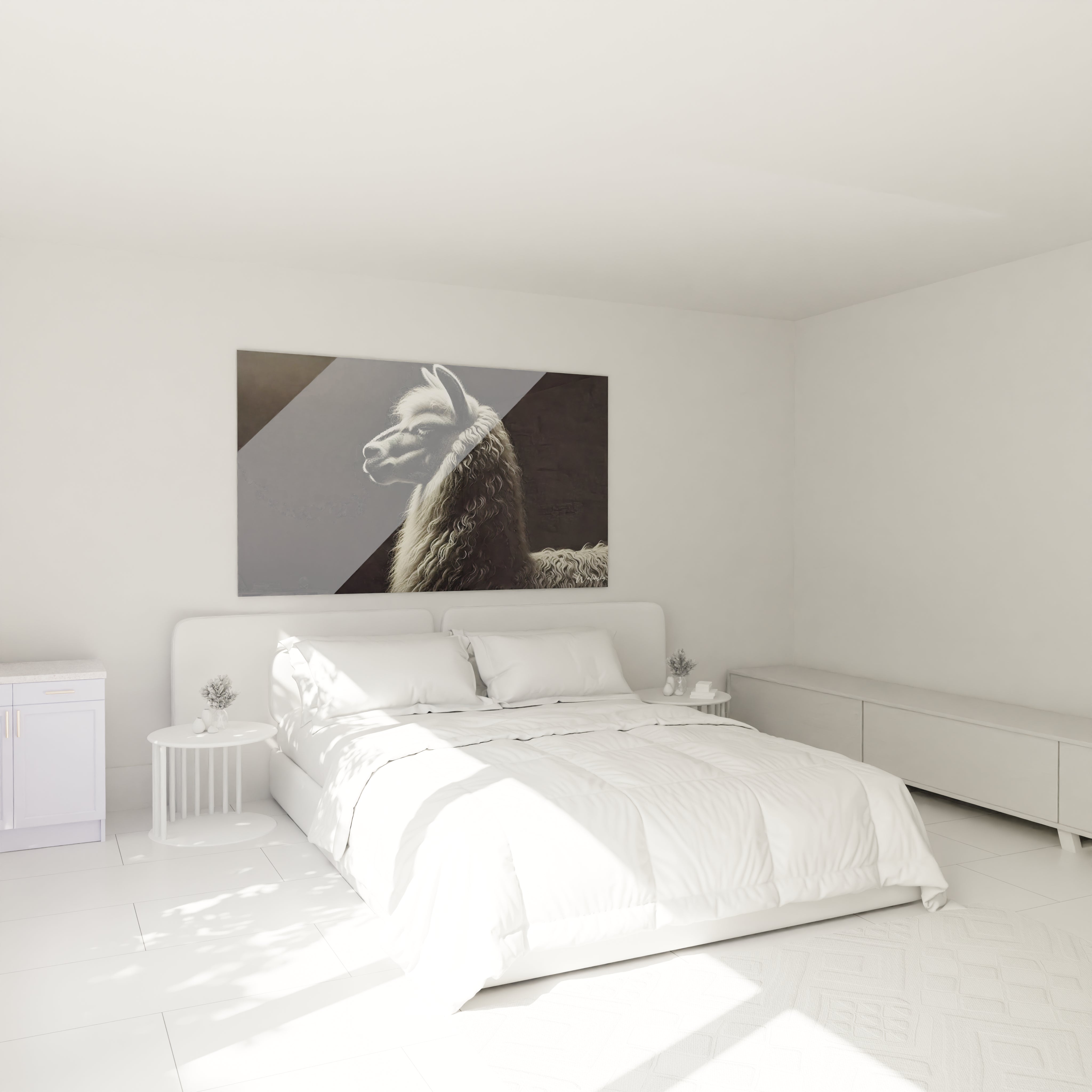 Sublimez votre chambre avec ce tableau lama au dessus du lit. Son design minimaliste et sa palette de couleurs épurées apportent élégance et sérénité à votre espace de repos.