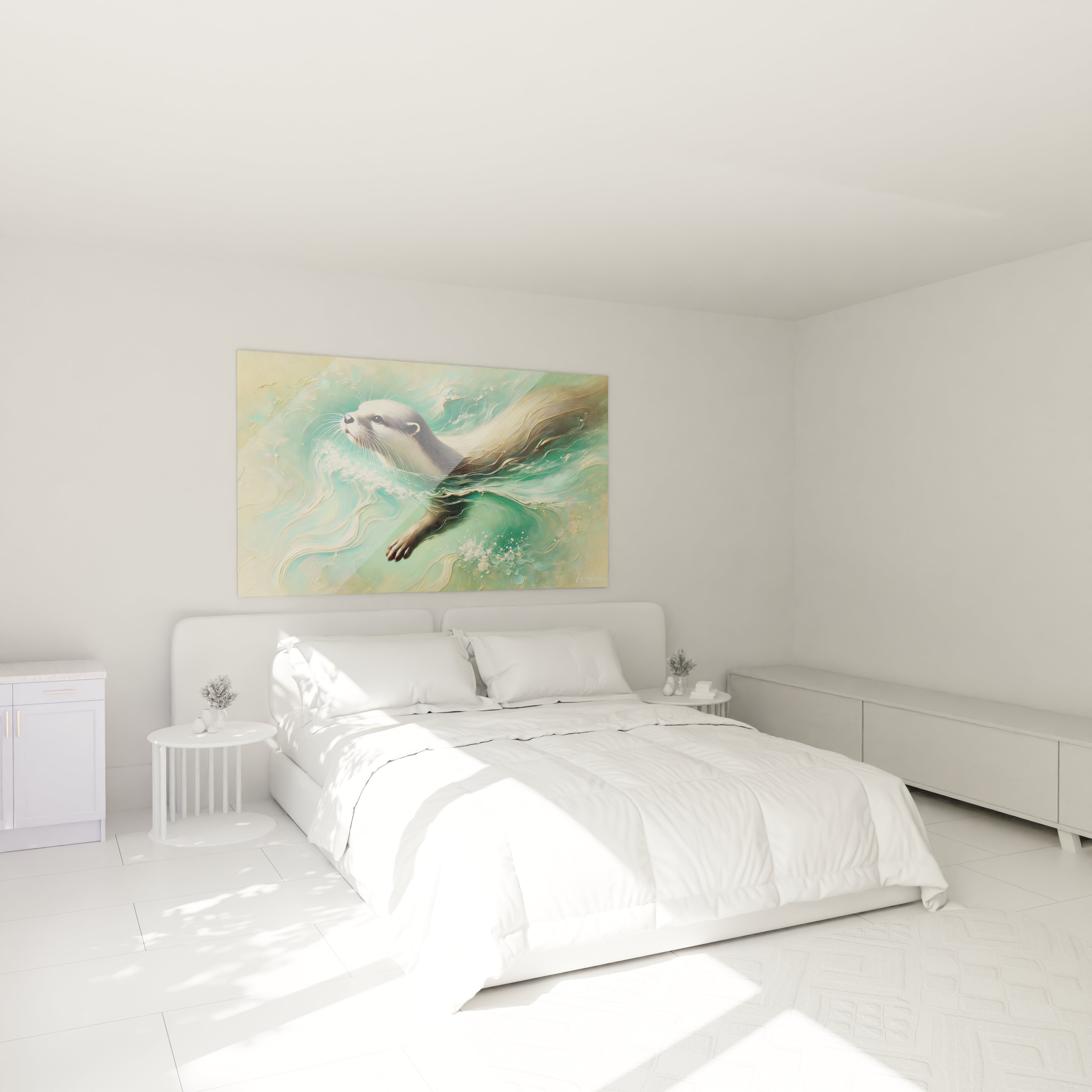 tableau loutre accroché au mur dans une chambre. Apportez serenite et fluidité avec cette œuvre ou l abstraction des vagues rencontre la realite de la loutre. Ideal pour une deco zen et reposante.