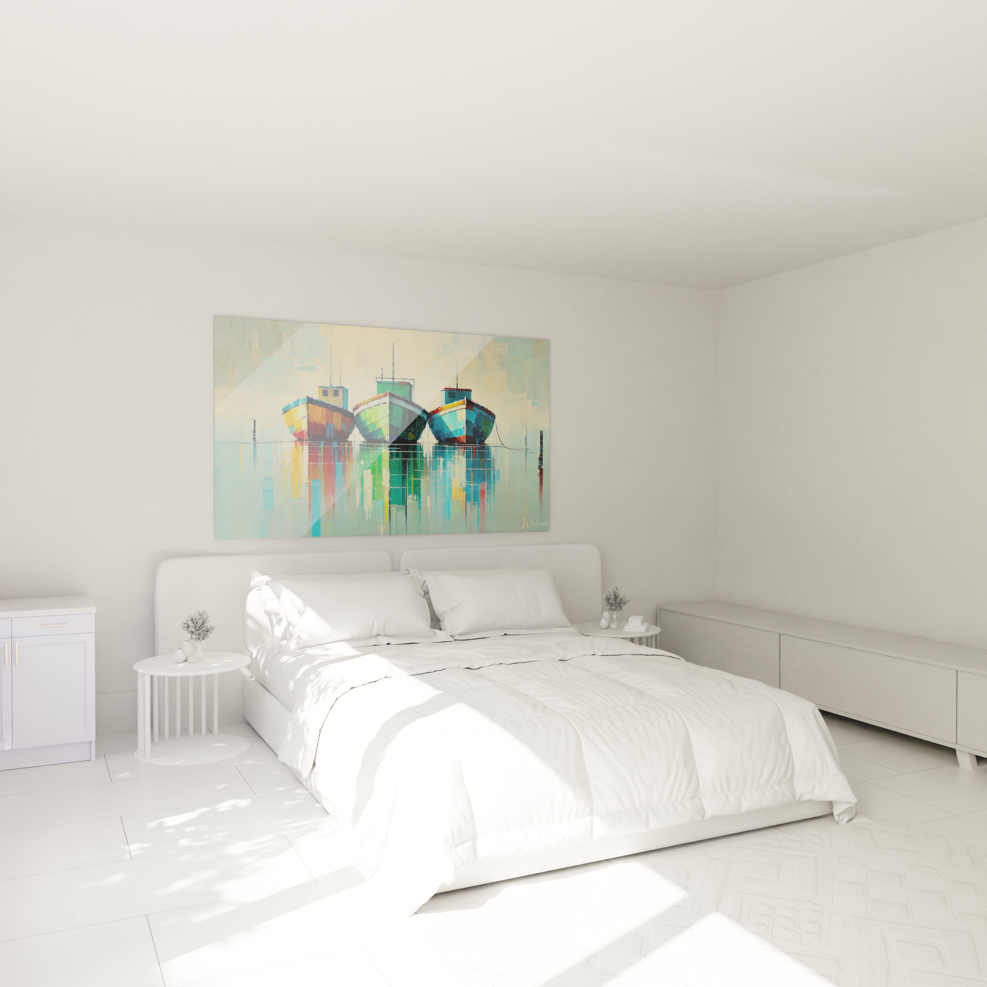 Dans une chambre au-dessus du lit, ce tableau Marin illumine l'espace avec ses couleurs douces et ses reflets apaisants. Il crée un point focal vibrant et propice à la détente.