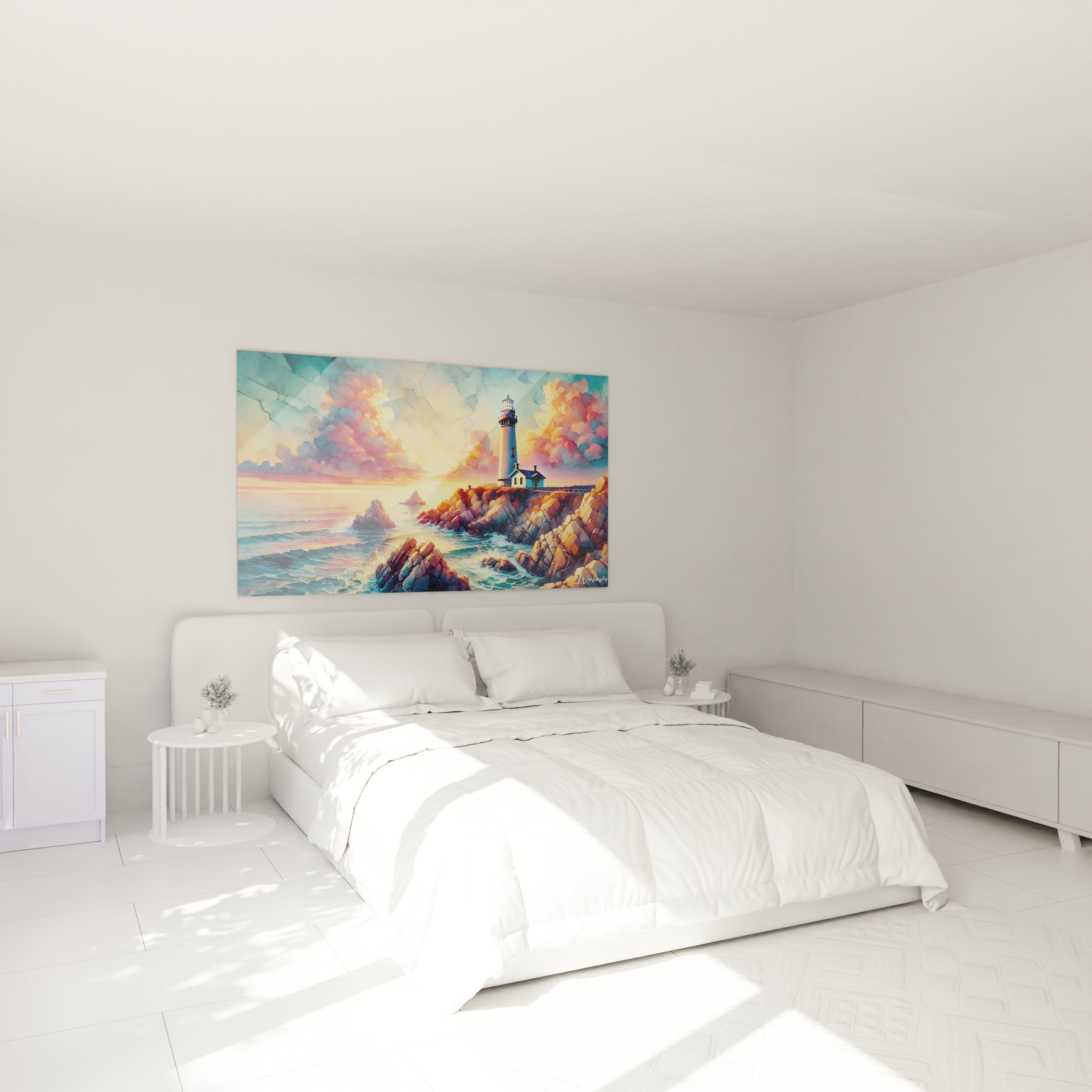 Tableau Marin au-dessus du lit, invitant au rêve avec ses couleurs chaudes et son atmosphère éthérée. Une scène apaisante où l'océan rencontre le ciel pour une ambiance de sérénité.