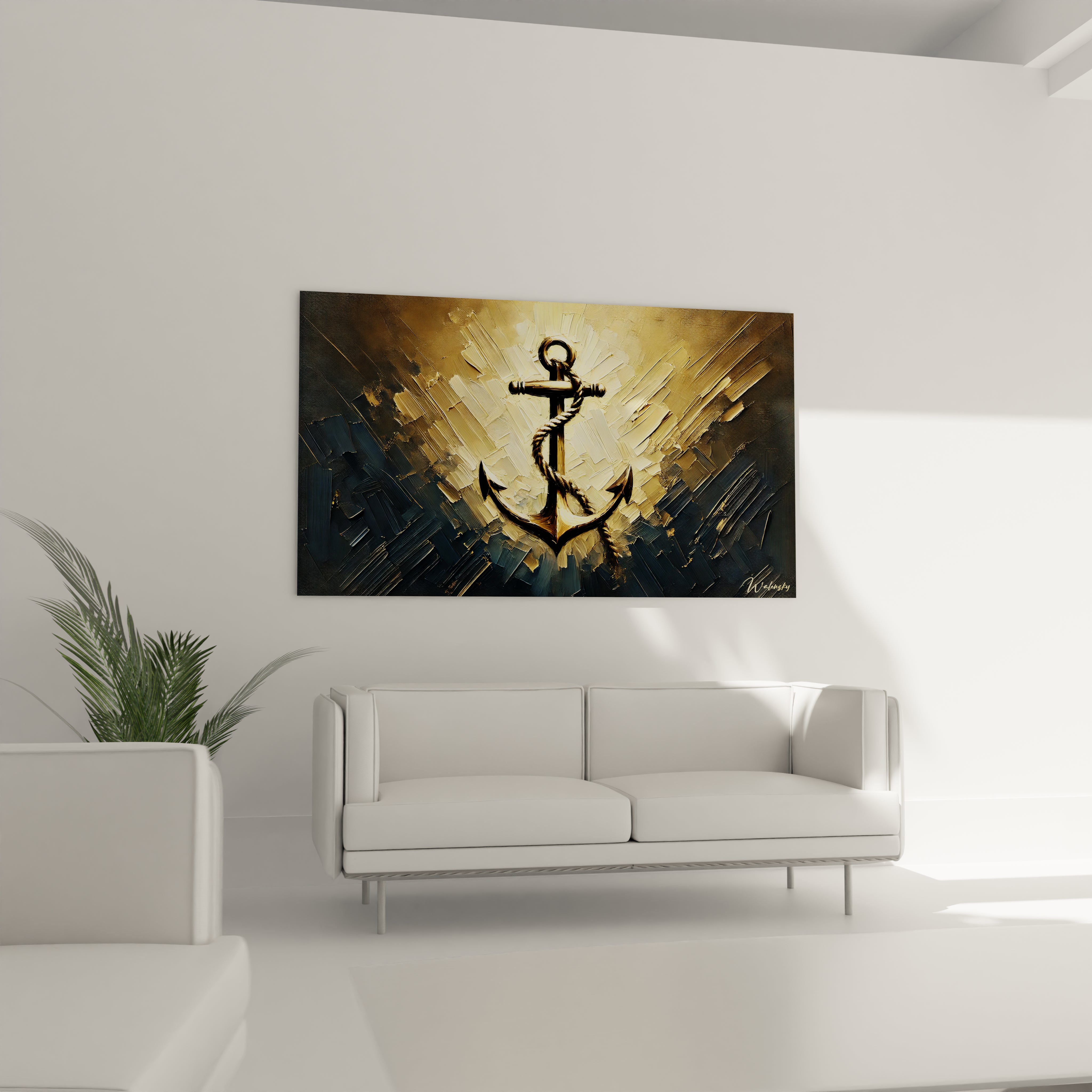 Tableau Marin au-dessus d un canapé dans le salon. Cette ancre illuminee inspire une sensation de fermeté, ancrant l espace de sa presence forte et elegante.