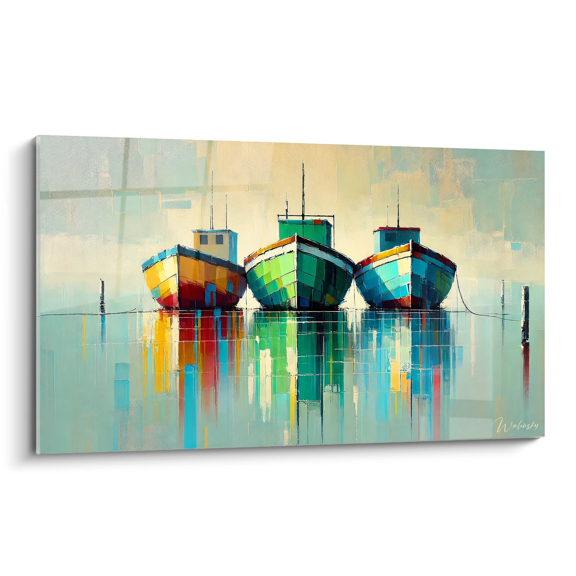 Tableau Marin vue de biais capturant l'essence d'un port paisible. Les reflets délicats des bateaux et les teintes éthérées de la mer apportent calme et harmonie, idéal pour une ambiance sereine.