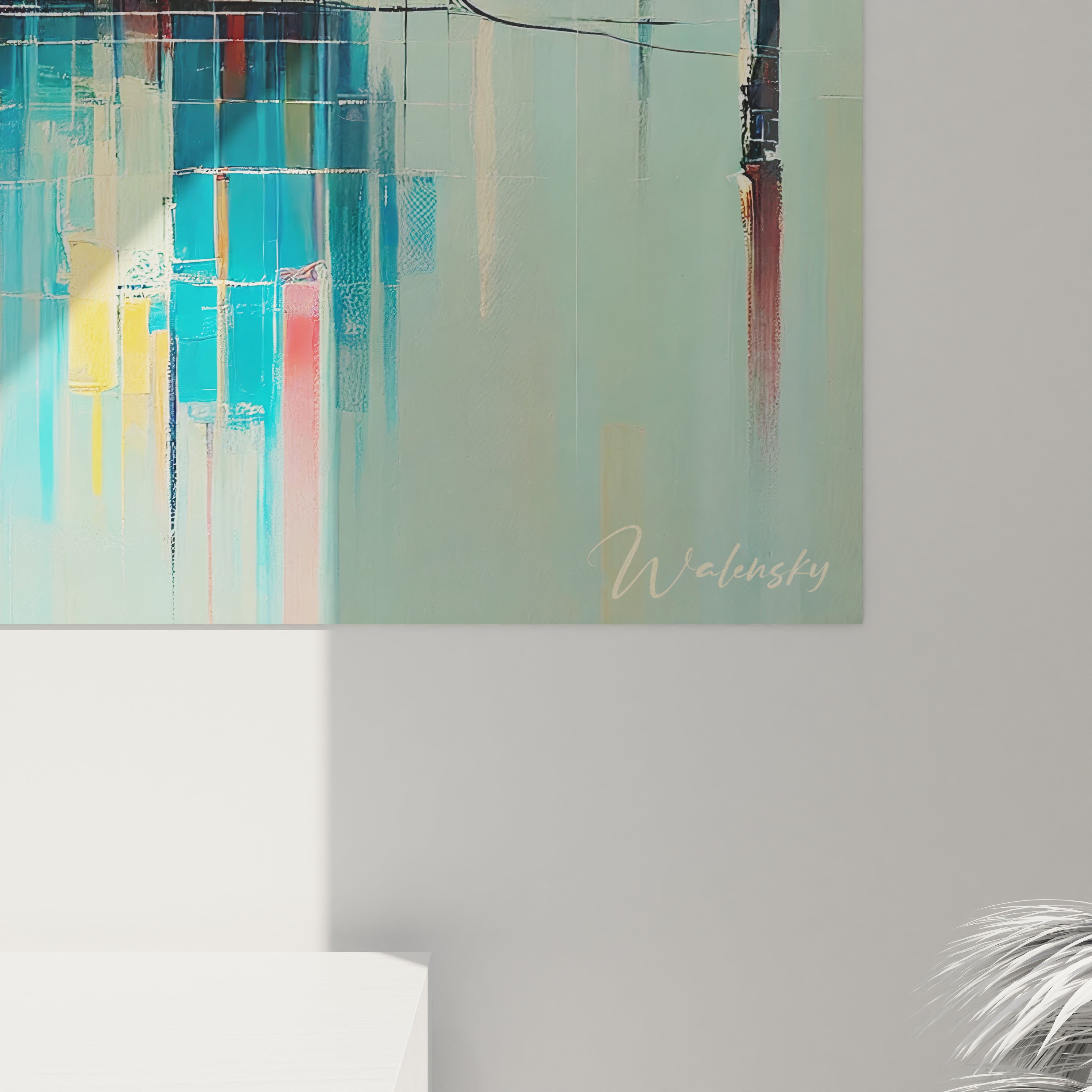 Vue de près du tableau Marin révélant les détails géométriques et couleurs vibrantes. Les reflets harmonieux des bateaux apportent chaleur et tranquillité, parfait pour un intérieur contemporain.