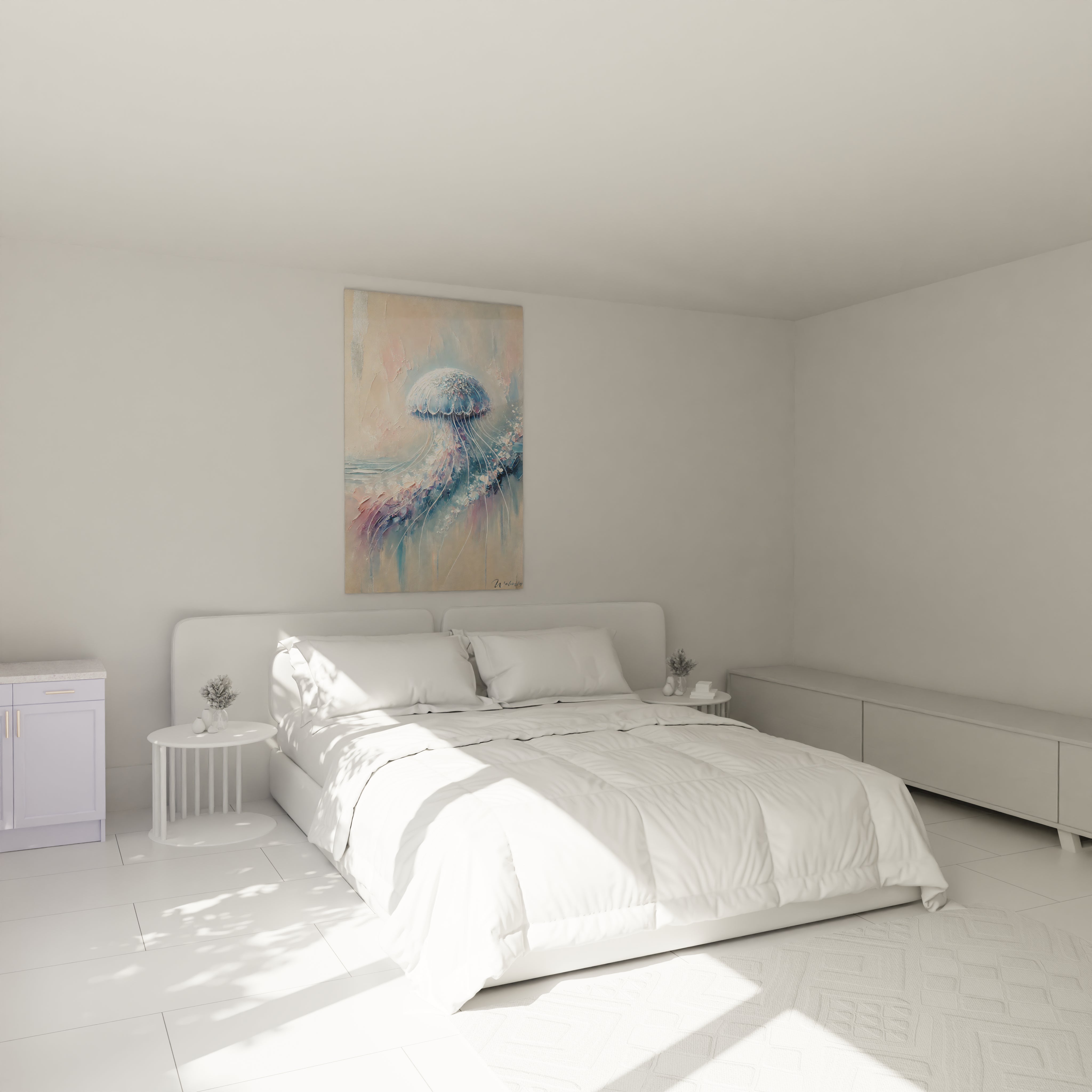 Accroché au-dessus du lit, ce tableau méduse apporte une atmosphère sereine. Ses nuances douces transforment la chambre en un havre de paix marine.