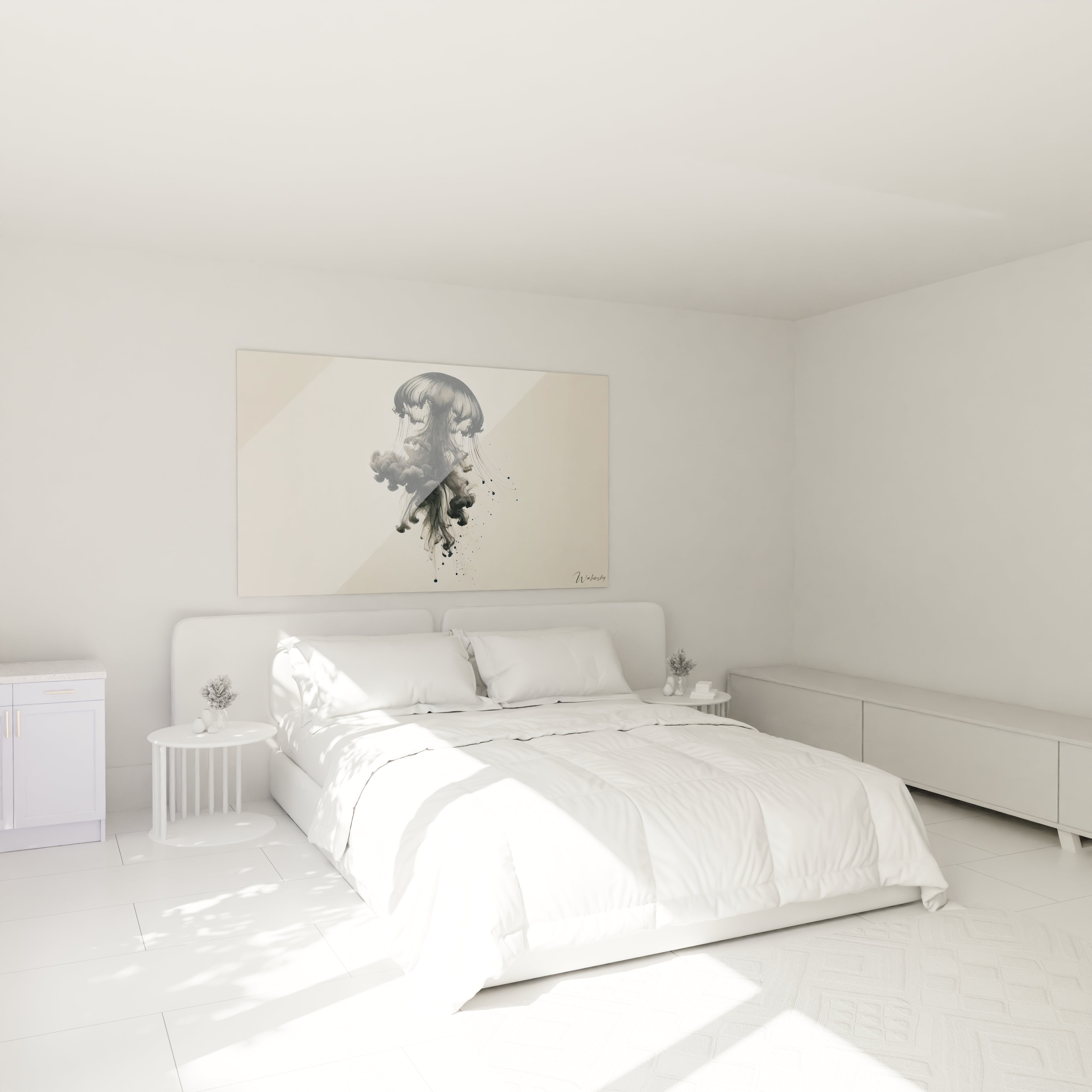Ce tableau méduse embellit votre chambre, ajoutant sérénité et mystère. Son design minimaliste et ses teintes délicates apaisent l'atmosphère au-dessus du lit.