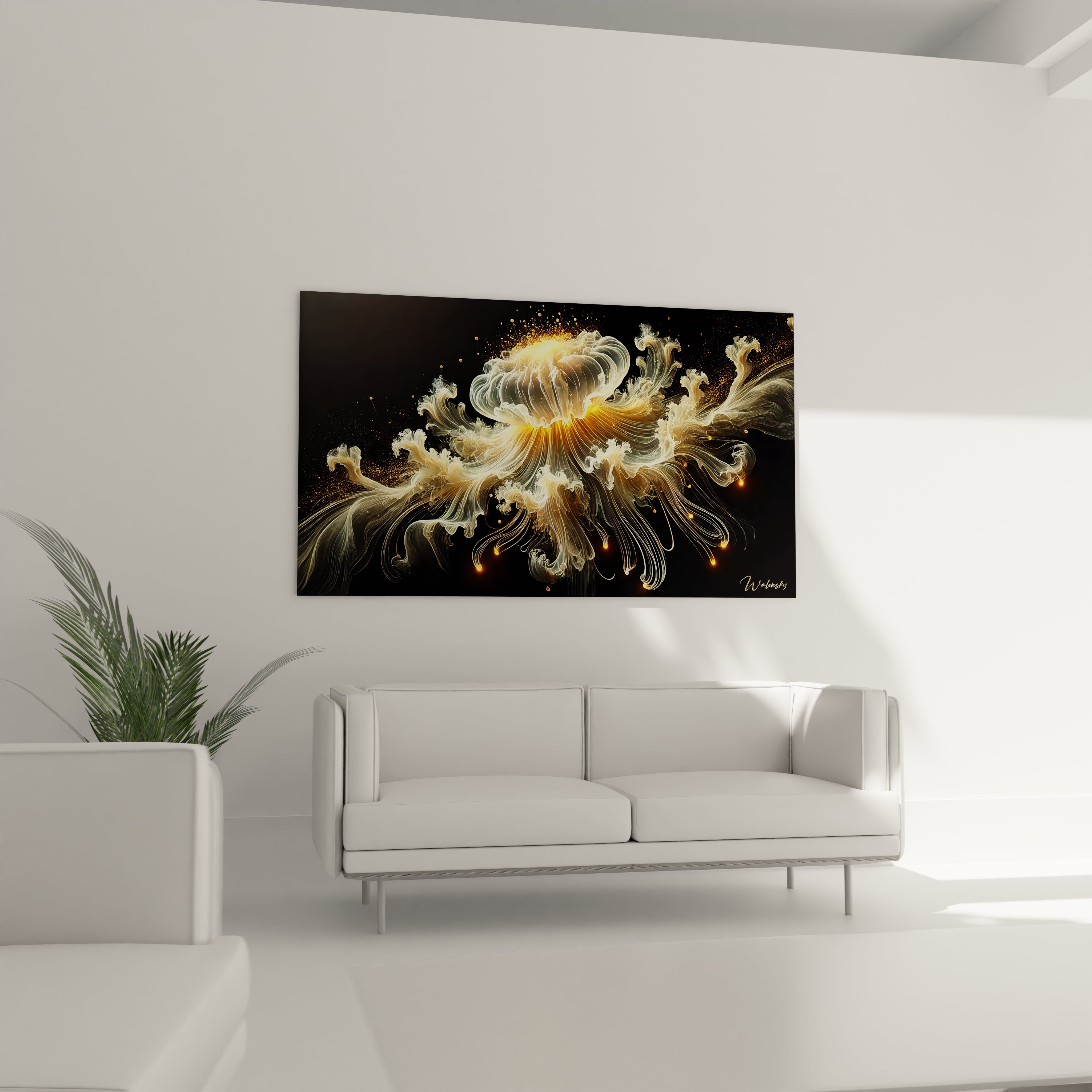 Le tableau méduse, installé au-dessus d'un canapé, devient le point focal de votre salon. Ses détails scintillants et sa grâce fluide apportent une dynamique marine à votre espace de vie contemporain.