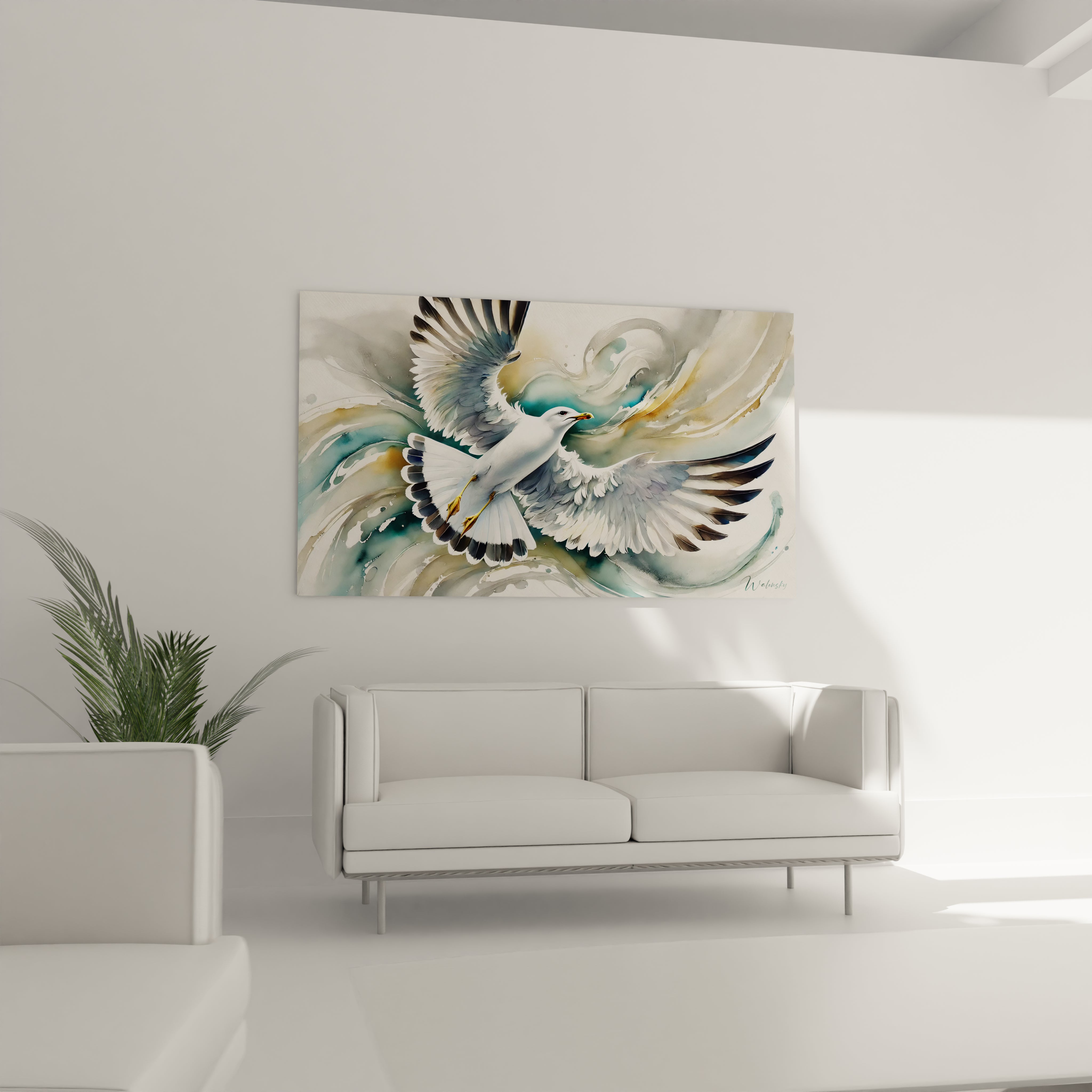 Ce tableau mouette au dessus du canape sublime le salon avec son melange de couleurs bleues, grises et blanches. La scene abstraite evoque la legerete et la fluidite du mouvement aerien.