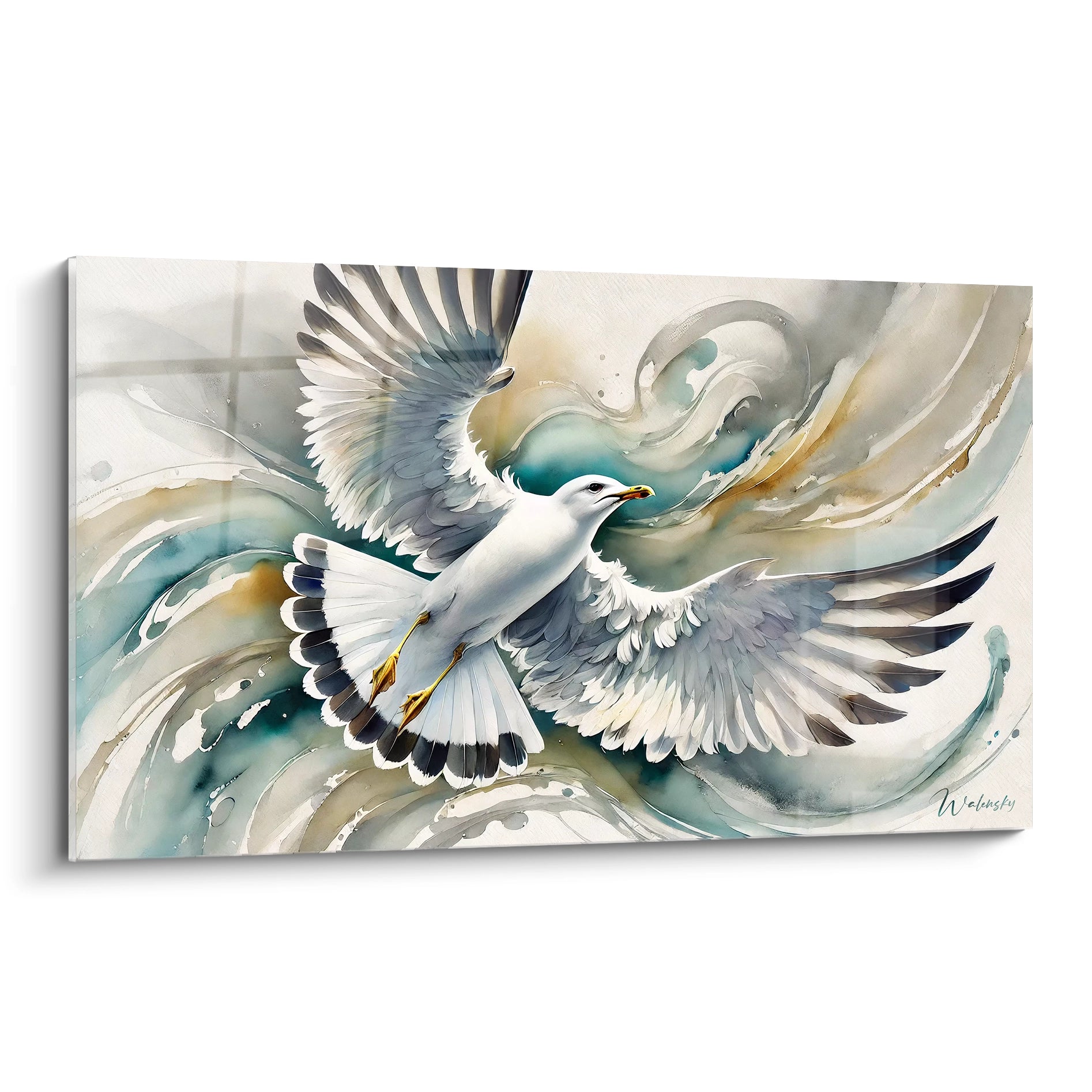 tableau mouette vu de biais capture la grace de l oiseau en plein vol avec des coups de pinceau fluides. Ses plumes se melent a l abstraction du ciel et de l eau, symbolisant l harmonie naturelle.