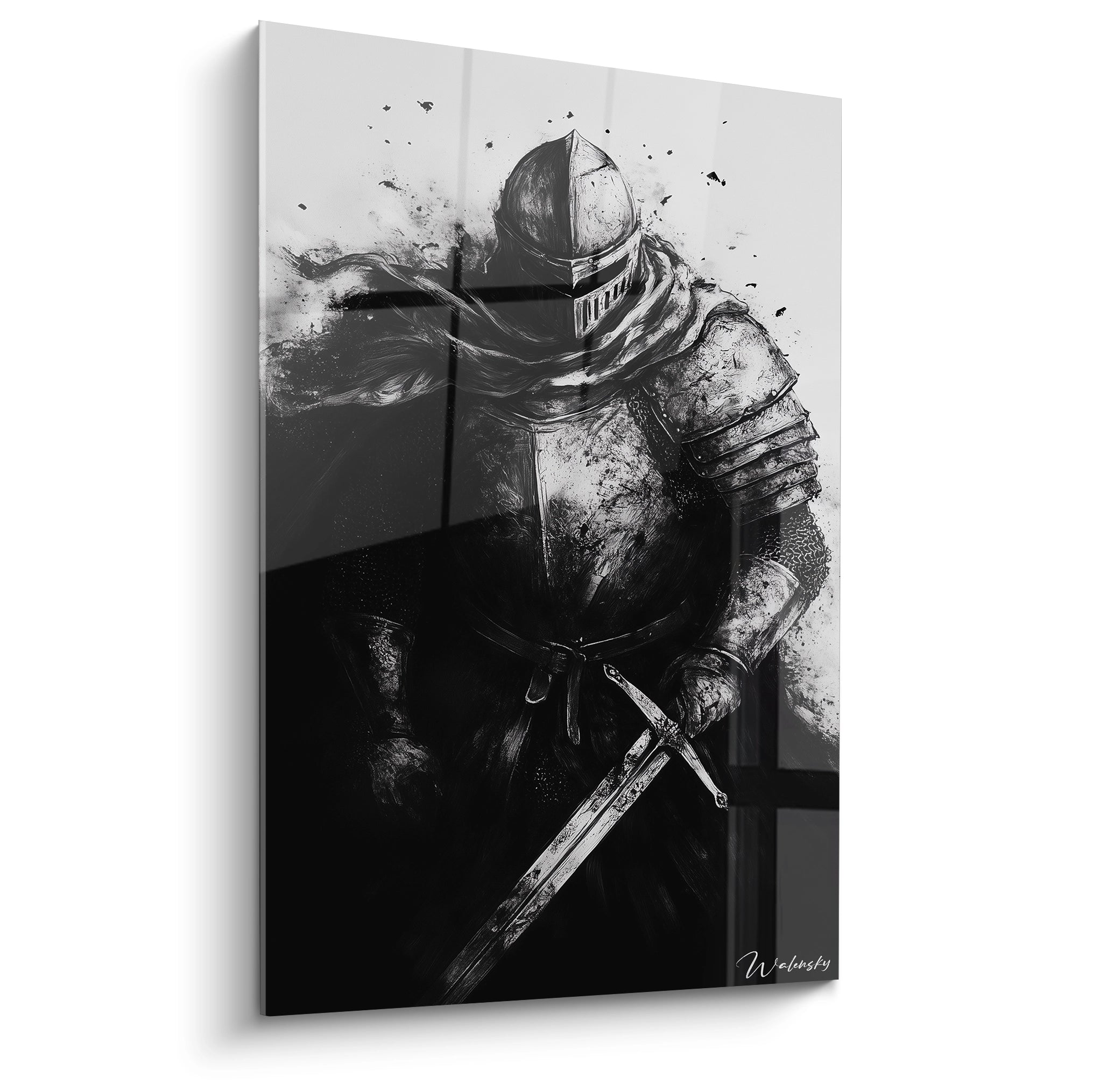 Un tableau médiéval représentant un chevalier en armure complète tenant une épée, réalisé en noir et blanc avec des traits expressifs et des éclaboussures d'encre créant un effet dramatique. Le heaume fermé et la posture imposante dominent la composition.