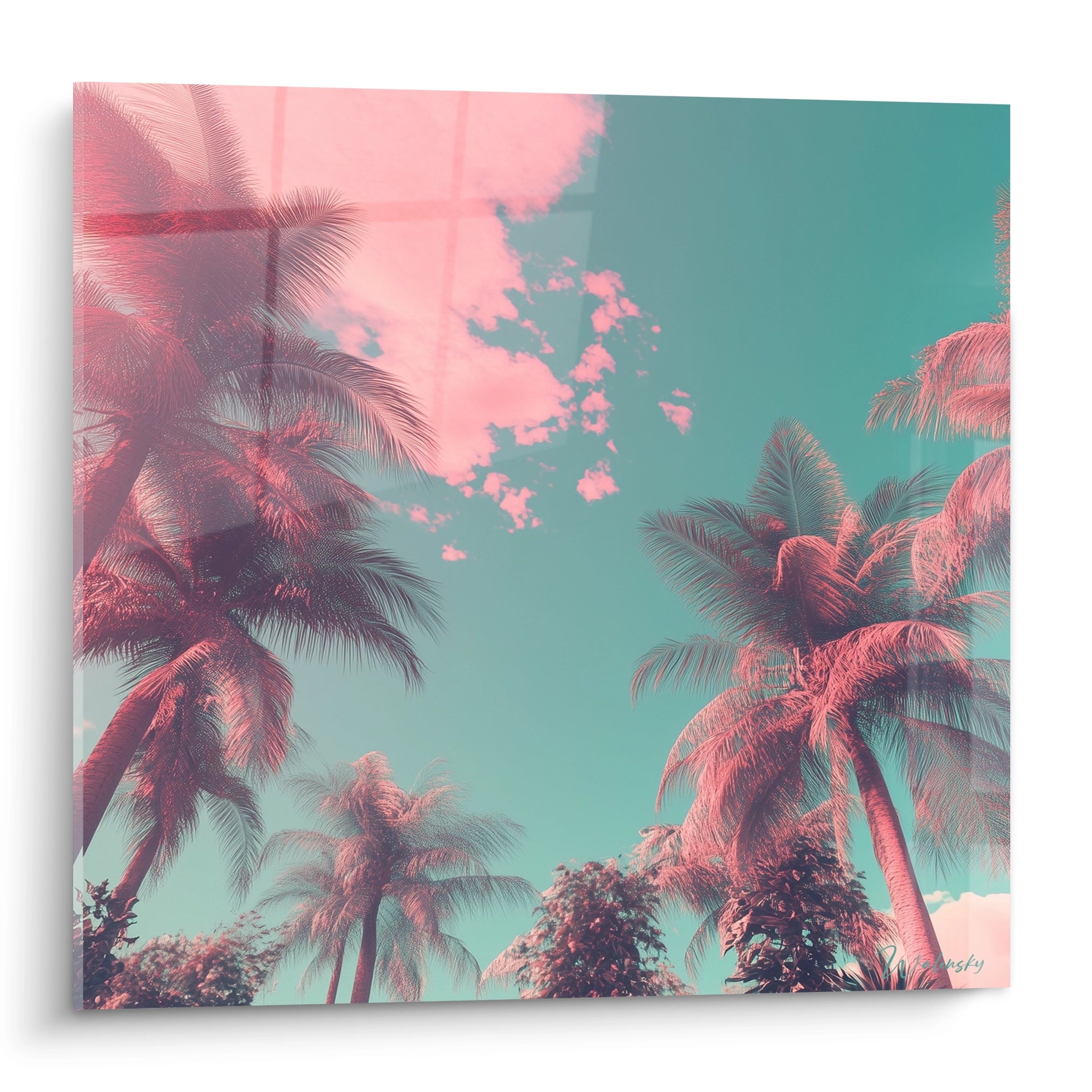 Un tableau artistique présentant des palmiers en contre-plongée avec des teintes rose et turquoise contrastées, créant une atmosphère tropicale onirique et surréaliste, les silhouettes des arbres se détachant sur un ciel bicolore vibrant.