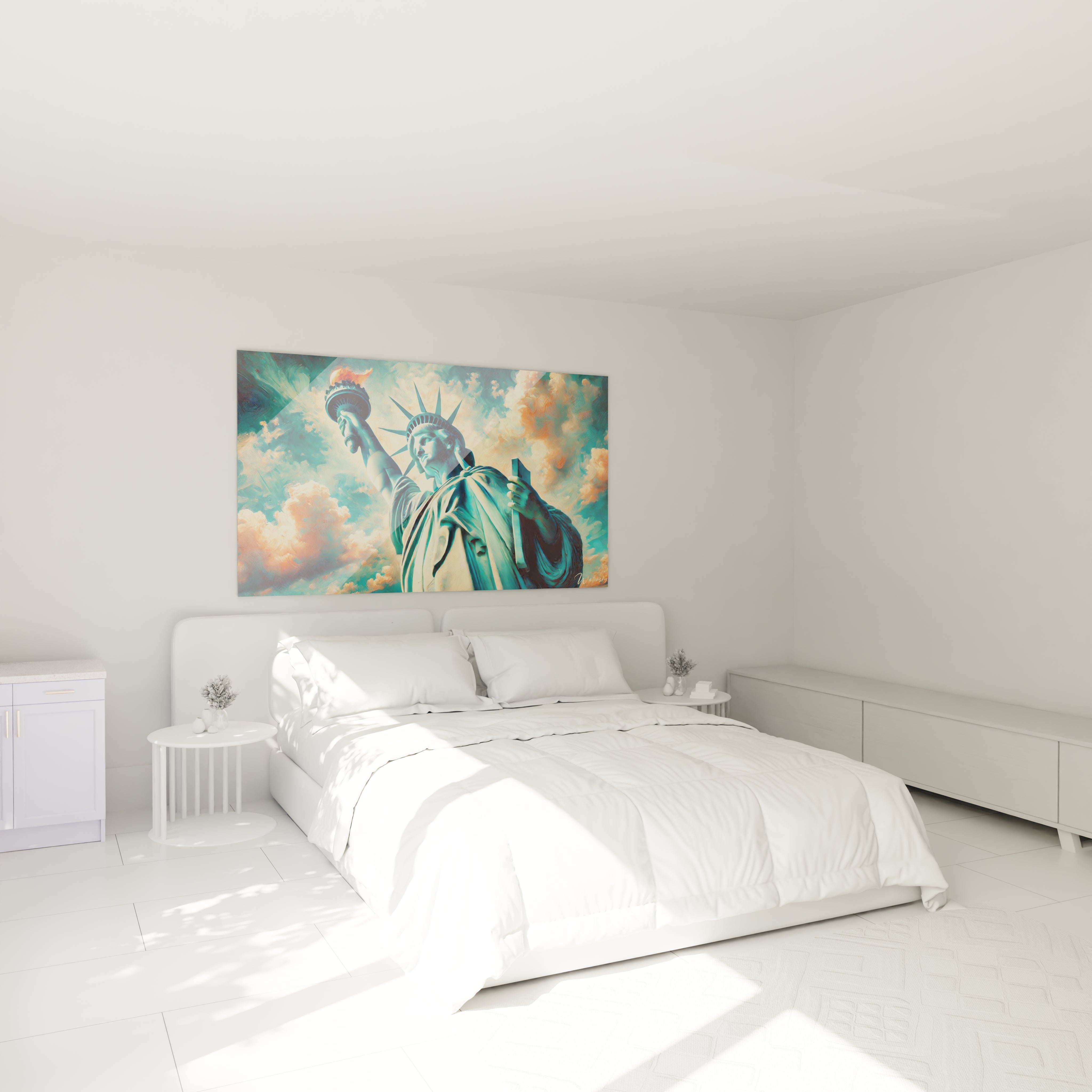 tableau Statue de la Liberté au mur d’une chambre illumine l’espace avec des teintes apaisantes de bleu et d’orange. La posture imposante de la statue inspire sérénité et réflexion au-dessus du lit.
