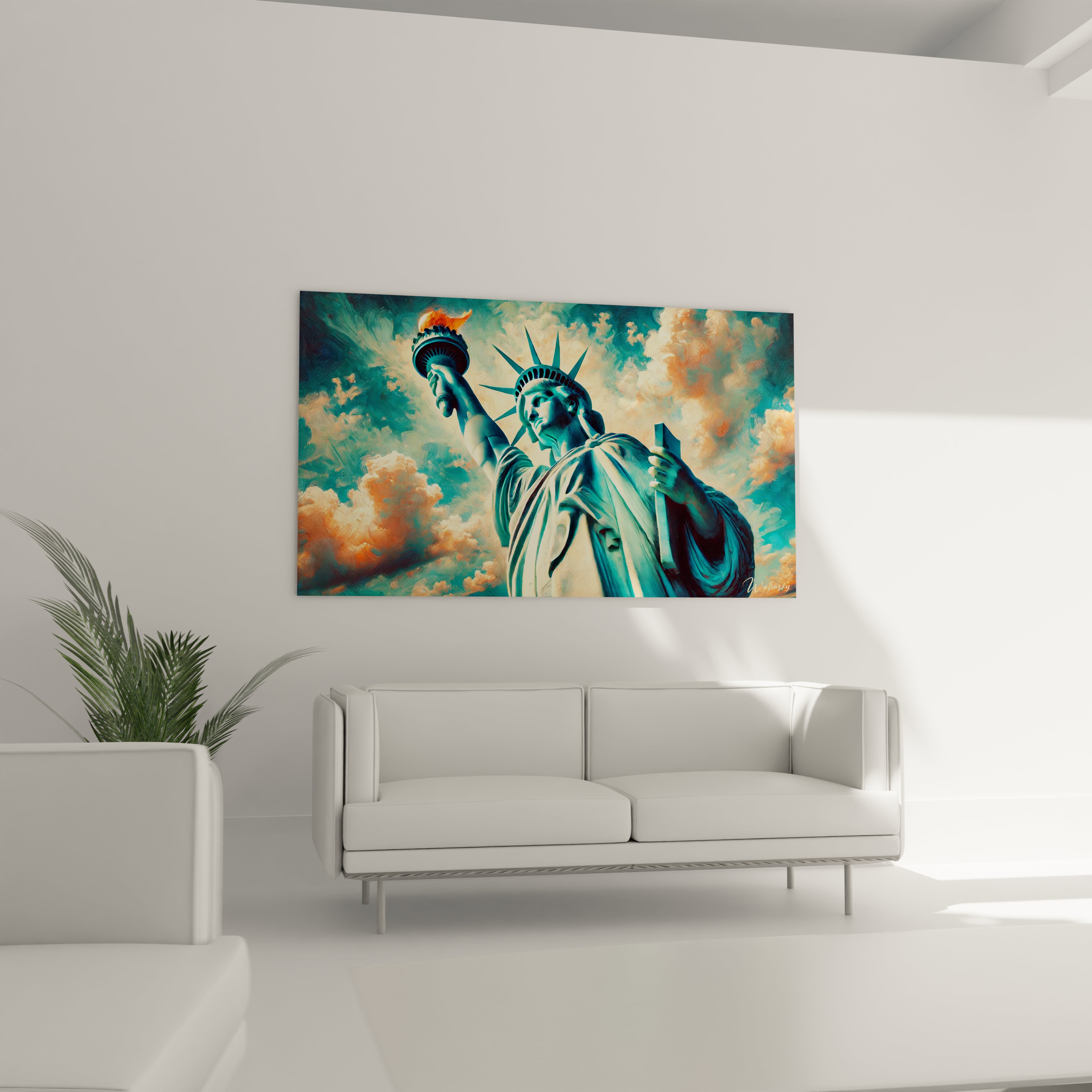 tableau Statue de la Liberté accroché dans un salon au-dessus du canapé devient un point focal audacieux. Les contrastes entre les détails architecturaux et le ciel vibrant créent une ambiance moderne et inspirante.