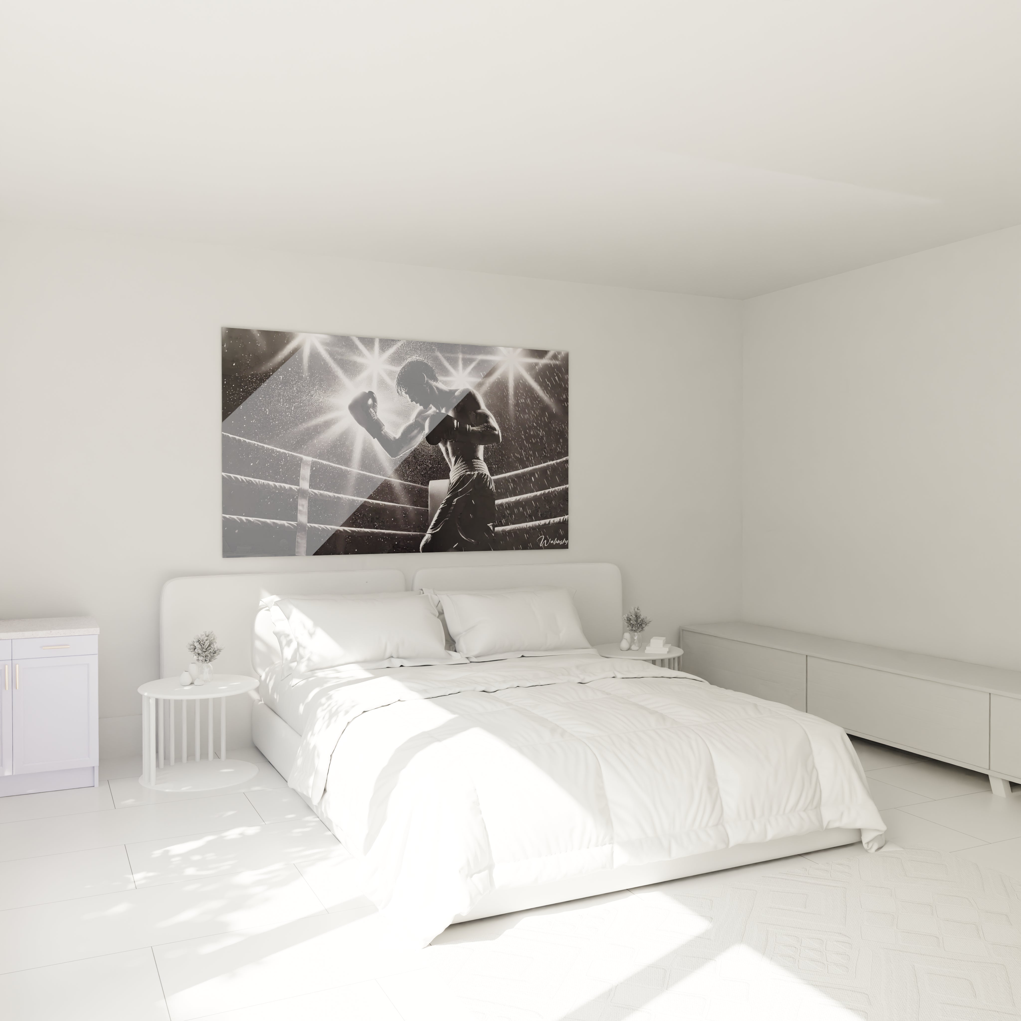 tableau noir et blanc accroche au mur dans une chambre au-dessus d un lit represente un boxeur en pleine concentration contraste saisissant lumiere et ombre inspire puissance et introspection